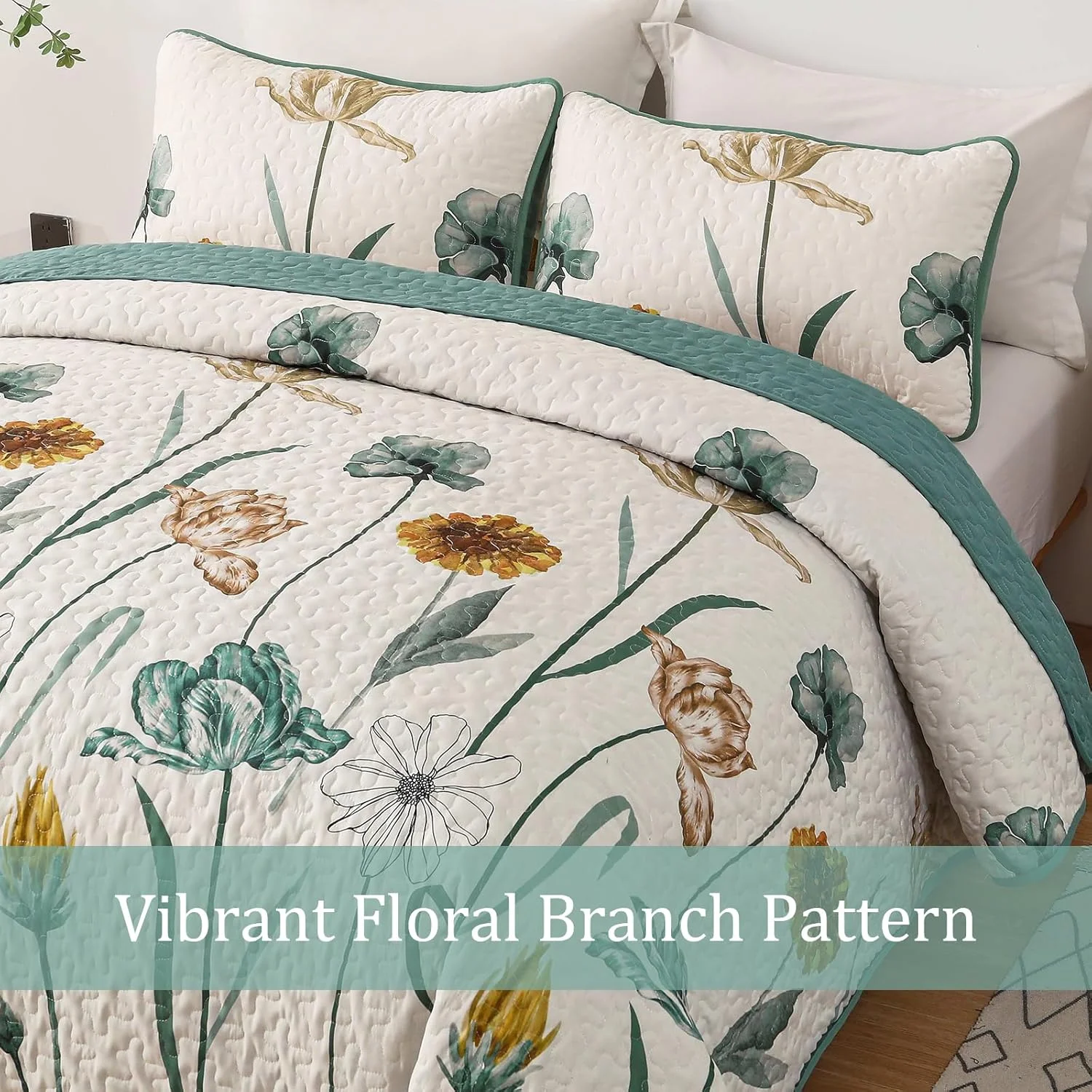 ست لحاف طرح گلدار WONGS BEDDING سایز Full، ست روتختی طرح گل و گیاه زرد و سبز با 2 روبالشتی، ست رو تختی سبک وزن بهاری مناسب تمام فصول (78"x90")