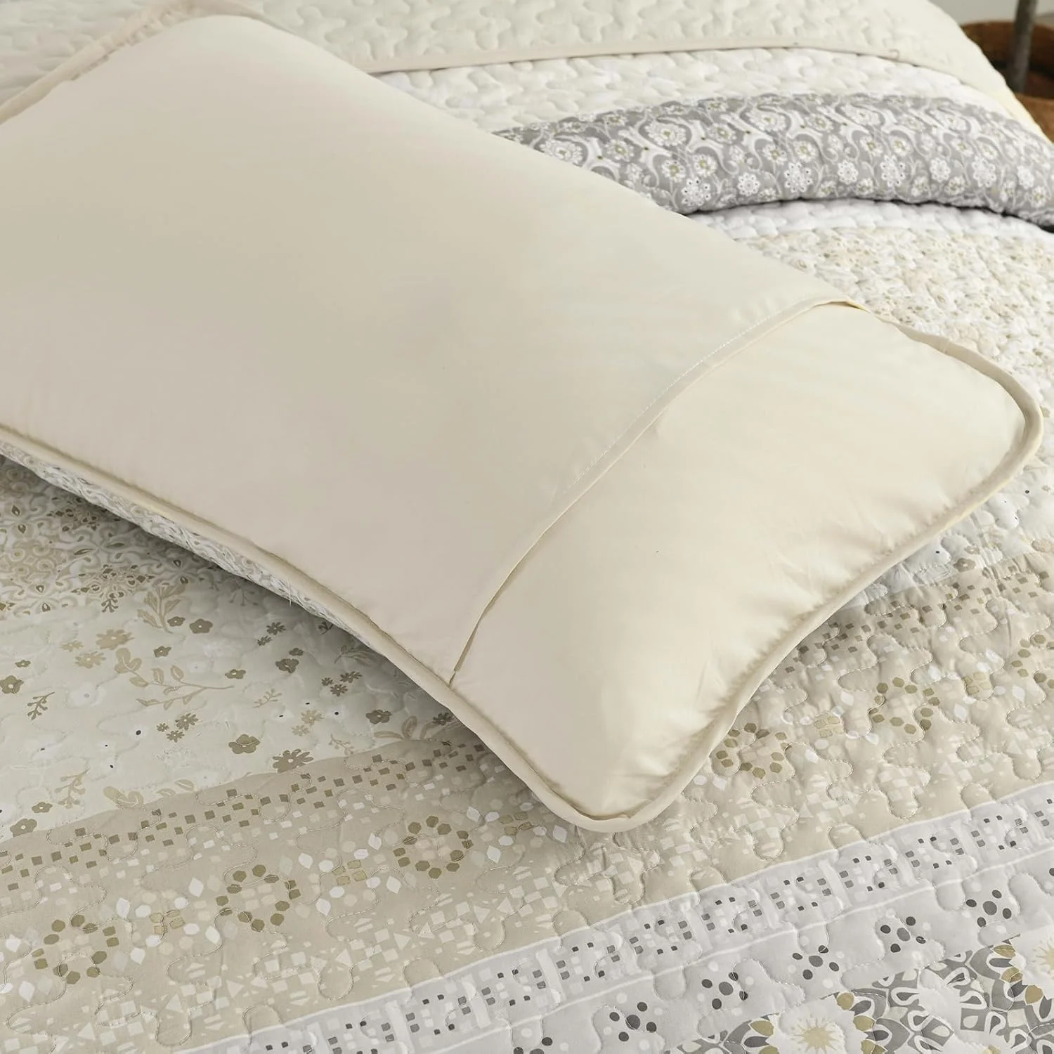 ست لحاف بوهو WONGS BEDDING سایز کامل، ست روتختی تکه دوزی راه راه بوهیمیایی بژ، ست ملحفه میکروفیبر 3 تکه برای تمام فصول (78"×90")