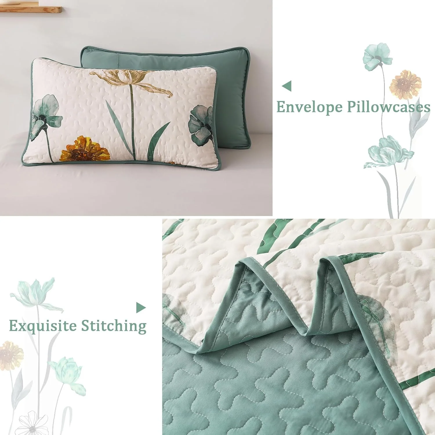 ست لحاف طرح گلدار WONGS BEDDING سایز Full، ست روتختی طرح گل و گیاه زرد و سبز با 2 روبالشتی، ست رو تختی سبک وزن بهاری مناسب تمام فصول (78"x90")