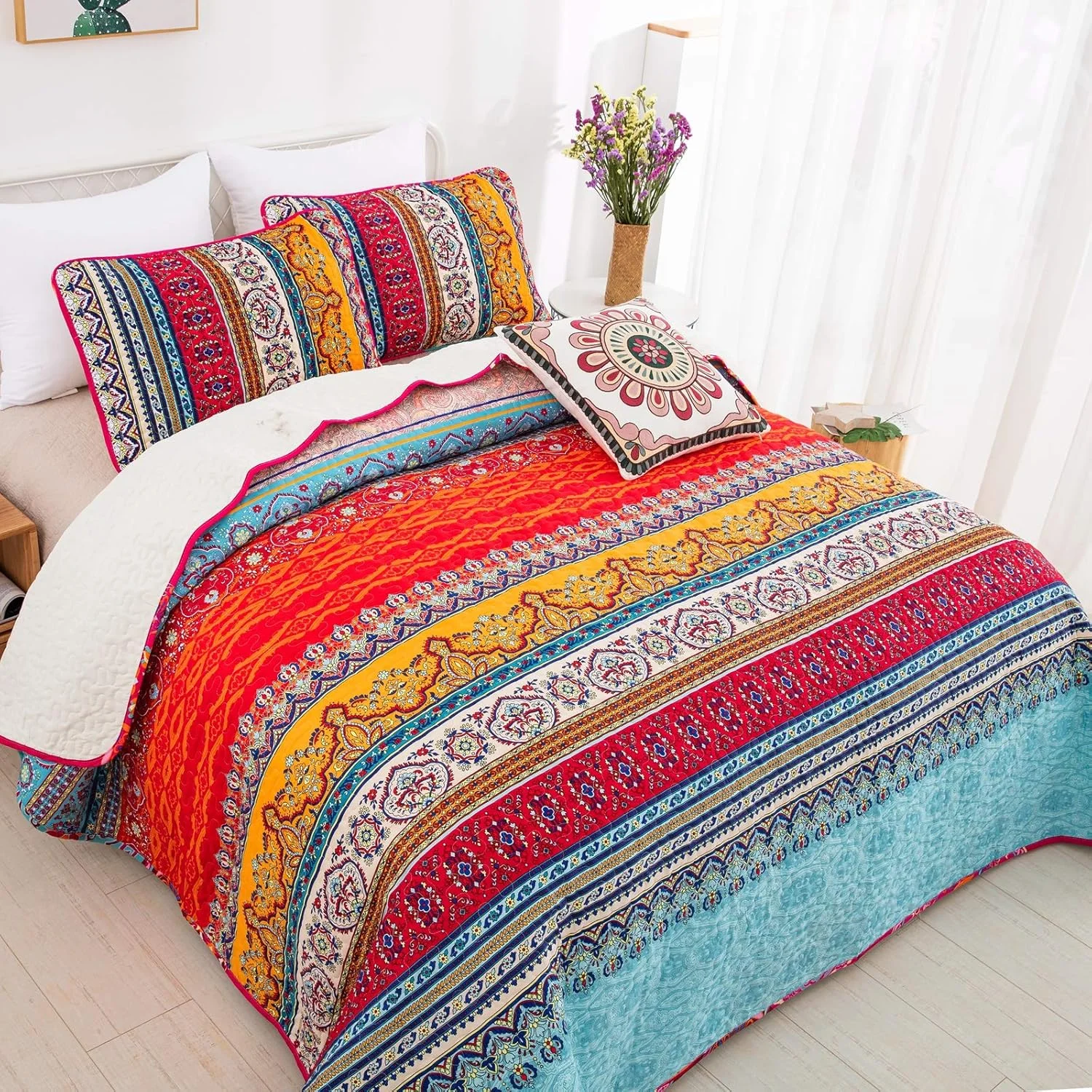 روتختی طرح بوهو کینگ WONGS BEDDING، طرح راه راه بوهو، لحاف چاپی، مناسب تمام فصول، لحاف میکروفایبر نرم سایز کینگ 240X260 سانتی متر