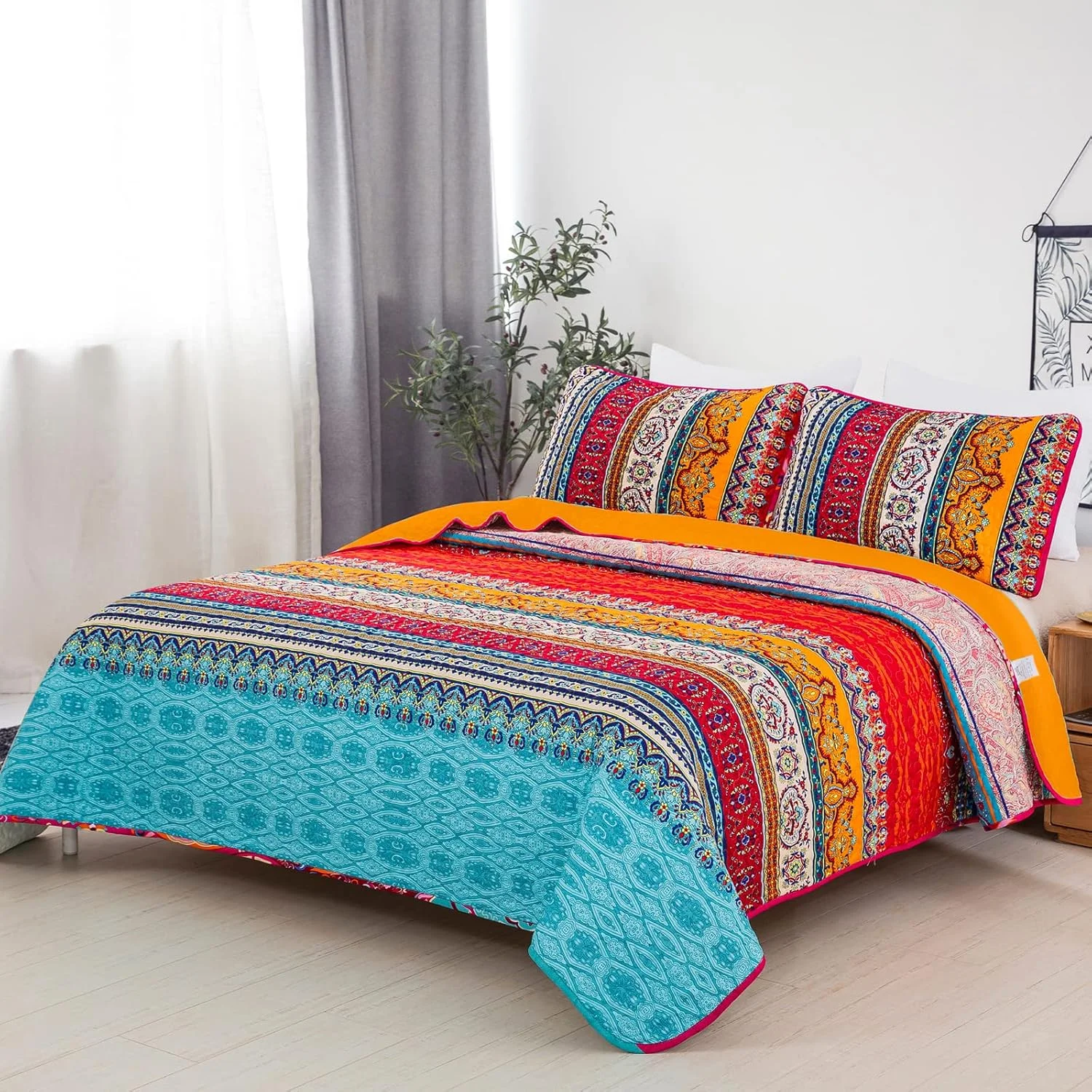 روتختی بوهو سایز کینگ WONGS BEDDING، روتختی کینگ نارنجی و آبی بوهمی، رو تختی سبک وزن مناسب تمام فصول برای دکور اتاق خواب 261x228 سانتی متر (3 تکه)