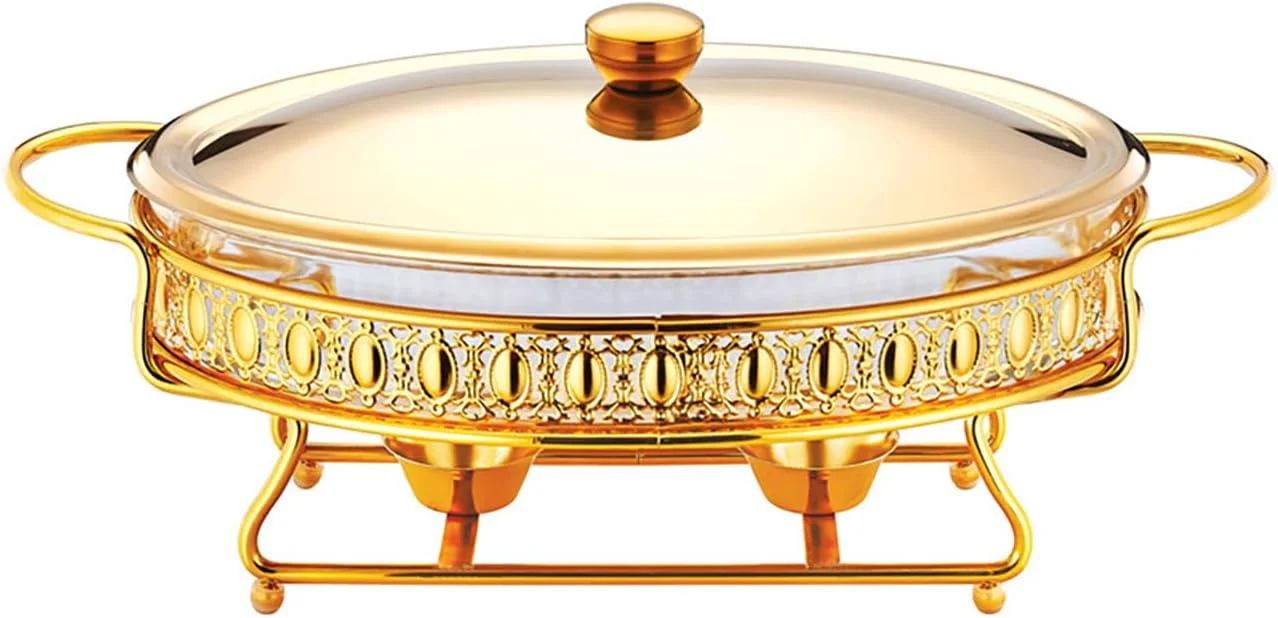ظرف گرم نگهدارنده غذا BSKJMMP طلایی، مناسب بوفه، گرم کننده غذا با جایگاه سوخت، سینی گرم کننده گرد برای آشپزخانه، مهمانی و بوفه (2.0 لیتر)