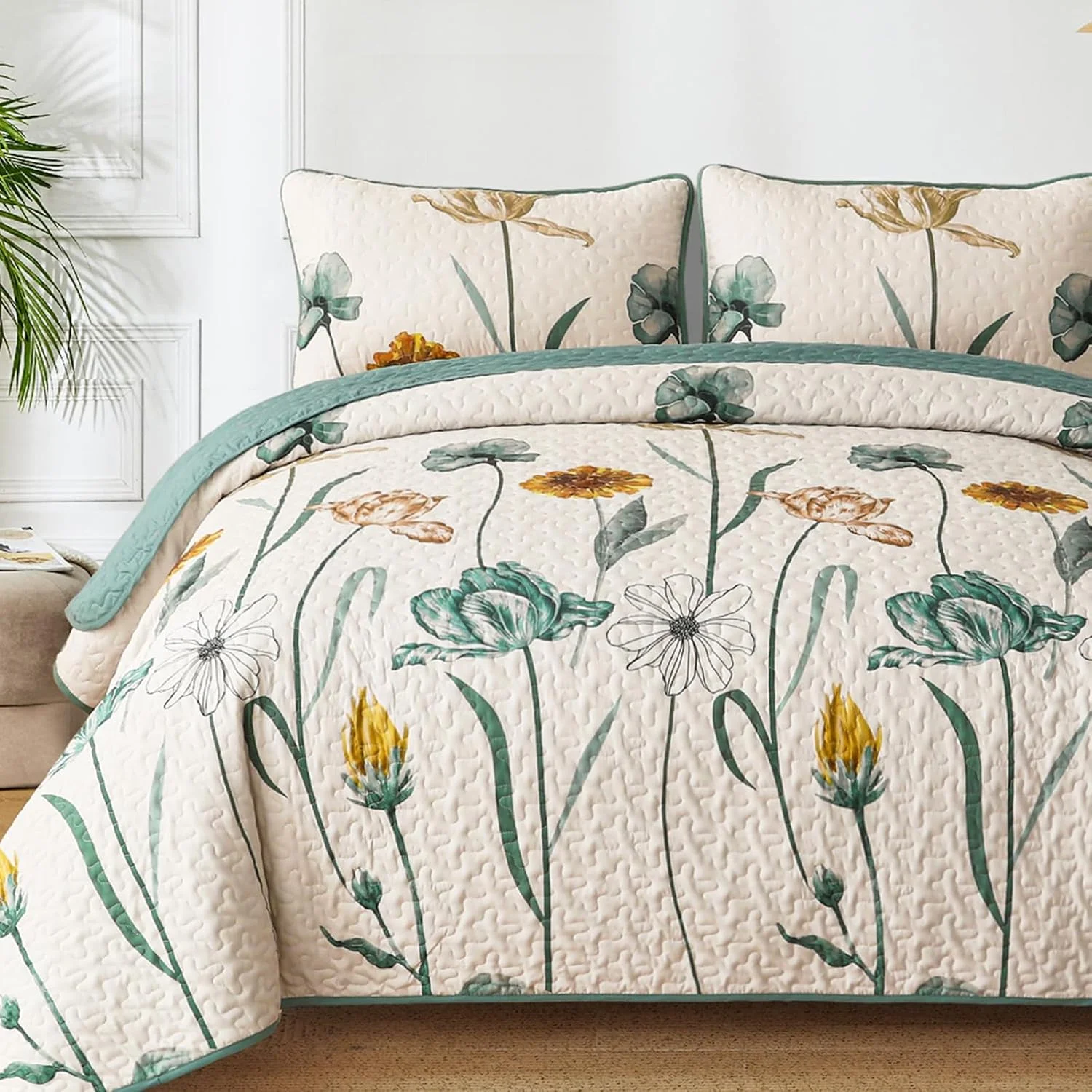 ست لحاف طرح گلدار WONGS BEDDING سایز Full، ست روتختی طرح گل و گیاه زرد و سبز با 2 روبالشتی، ست رو تختی سبک وزن بهاری مناسب تمام فصول (78"x90")