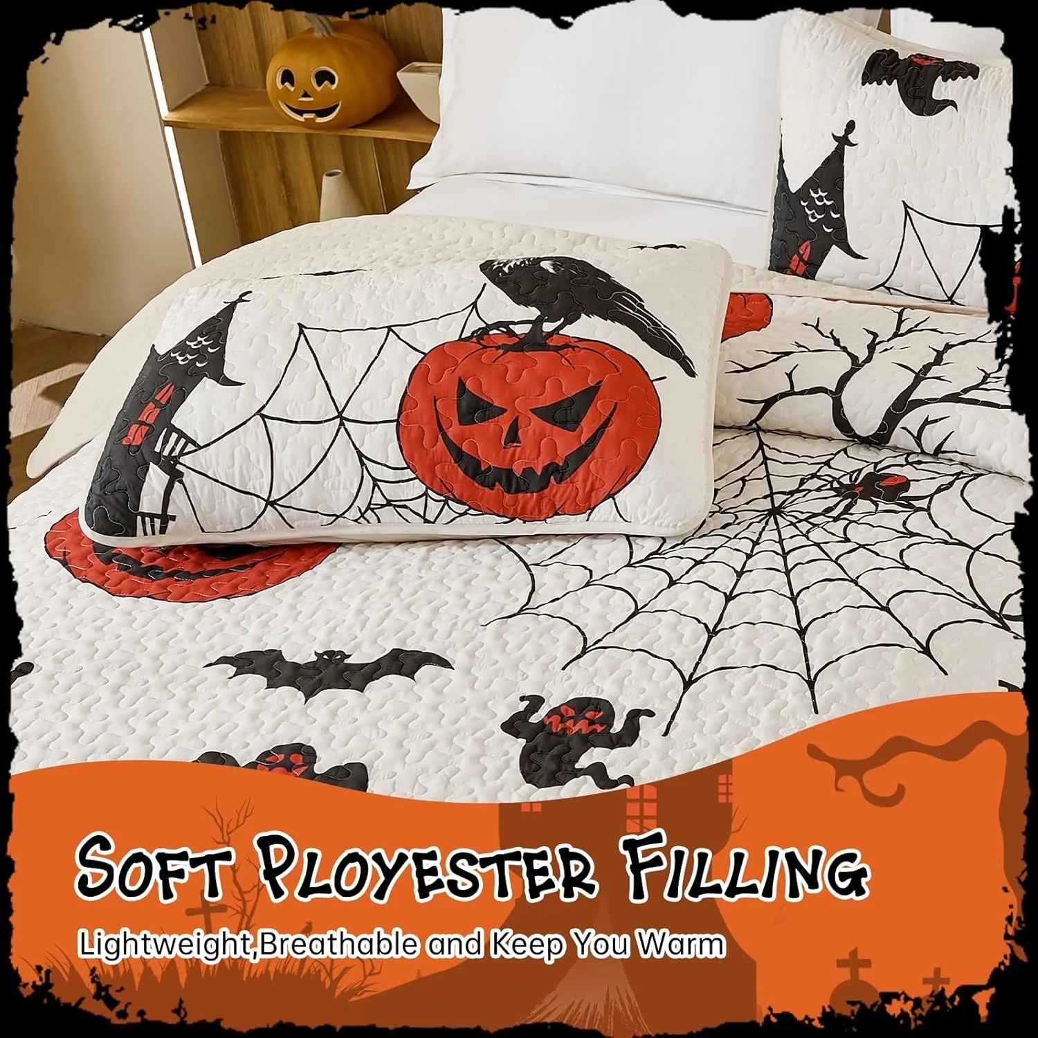 ست لحاف سه تکه هالووین WONGS BEDDING سایز کوئین، طرح روح سیاه، خفاش، کدو تنبل و عنکبوت، ست روتختی با تم تعطیلات، ست رو تختی تزئینی با 2 روبالشی (96"x 90") ست لحاف سه تکه هالووین WONGS BEDDING سایز کوئین، طرح روح سیاه، خفاش، کدو تنبل و عنکبوت، ست روتختی با تم تعطیلات، ست رو تختی تزئینی با 2 روبالشی (96"x 90")