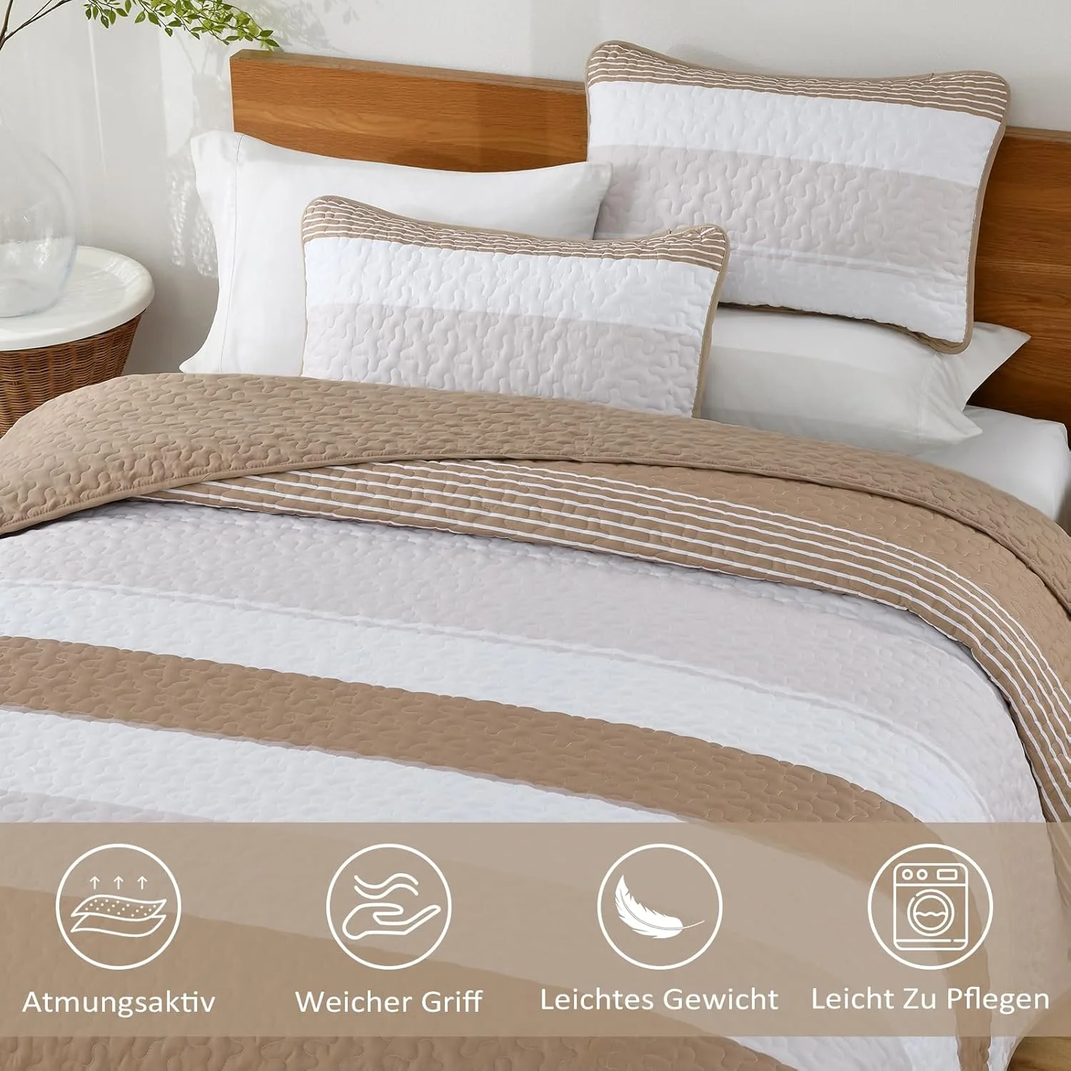 روتختی وانگز بدینگ 220 x 240 سانتی متر، رنگ خاکی، طرح راه راه، لحاف سه تکه دونفره، لحاف میکروفایبر با 2 روبالشی 50 x 75 سانتی متر مناسب اتاق خواب و مبل