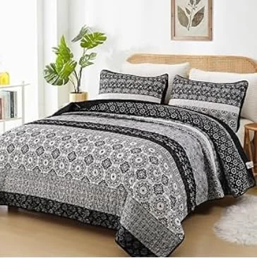 ست لحاف طرح بوهو WONGS BEDDING سایز کامل، ست روتختی تکه دوزی راه راه بوهمی مشکی، ست ملحفه میکروفایبر 3 تکه برای تمام فصول (78"x90")