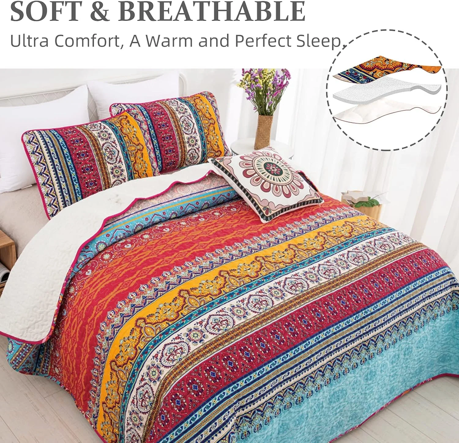 روتختی طرح بوهو کینگ WONGS BEDDING، طرح راه راه بوهو، لحاف چاپی، مناسب تمام فصول، لحاف میکروفایبر نرم سایز کینگ 240X260 سانتی متر