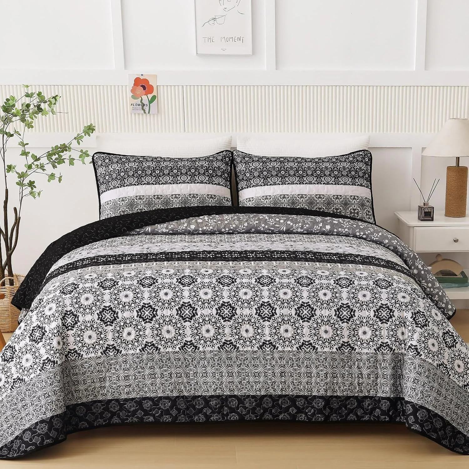 ست لحاف طرح بوهو WONGS BEDDING سایز کامل، ست روتختی تکه دوزی راه راه بوهمی مشکی، ست ملحفه میکروفایبر 3 تکه برای تمام فصول (78"x90") ست لحاف طرح بوهو WONGS BEDDING سایز کامل، ست روتختی تکه دوزی راه راه بوهمی مشکی، ست ملحفه میکروفایبر 3 تکه برای تمام فصول (78"x90")