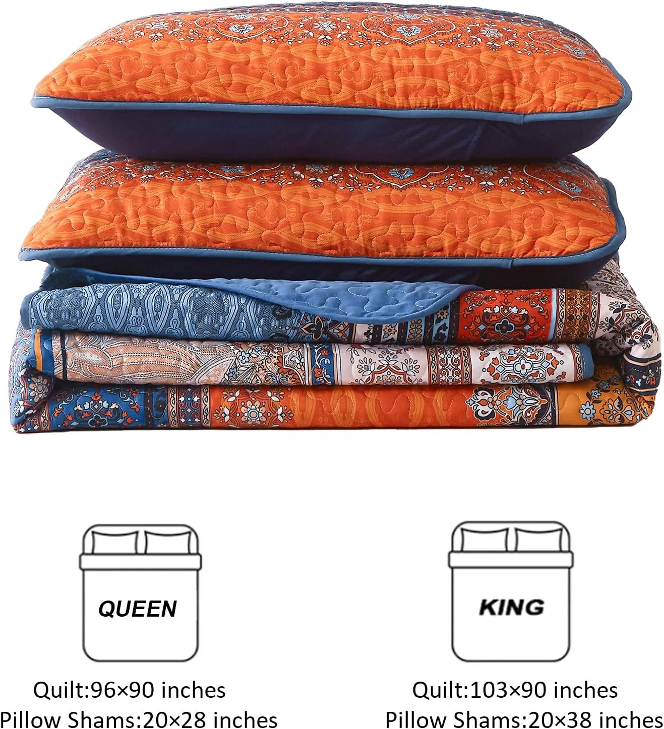 لحاف پاییزی بوهو WONGS BEDDING سایز کینگ، لحاف کینگ بوهیمی آبی و نارنجی، روتختی میکروفایبر سبک وزن برای تمام فصول 261x230 سانتی متر (3 تکه)