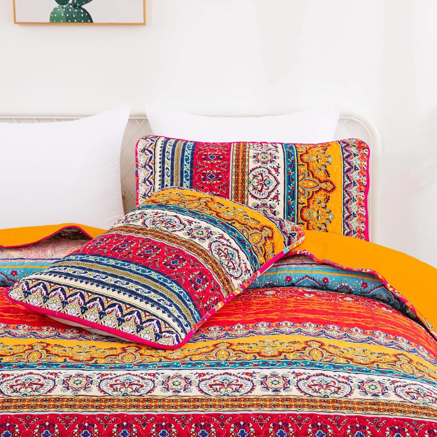 روتختی بوهو سایز کینگ WONGS BEDDING، روتختی کینگ نارنجی و آبی بوهمی، رو تختی سبک وزن مناسب تمام فصول برای دکور اتاق خواب 261x228 سانتی متر (3 تکه)