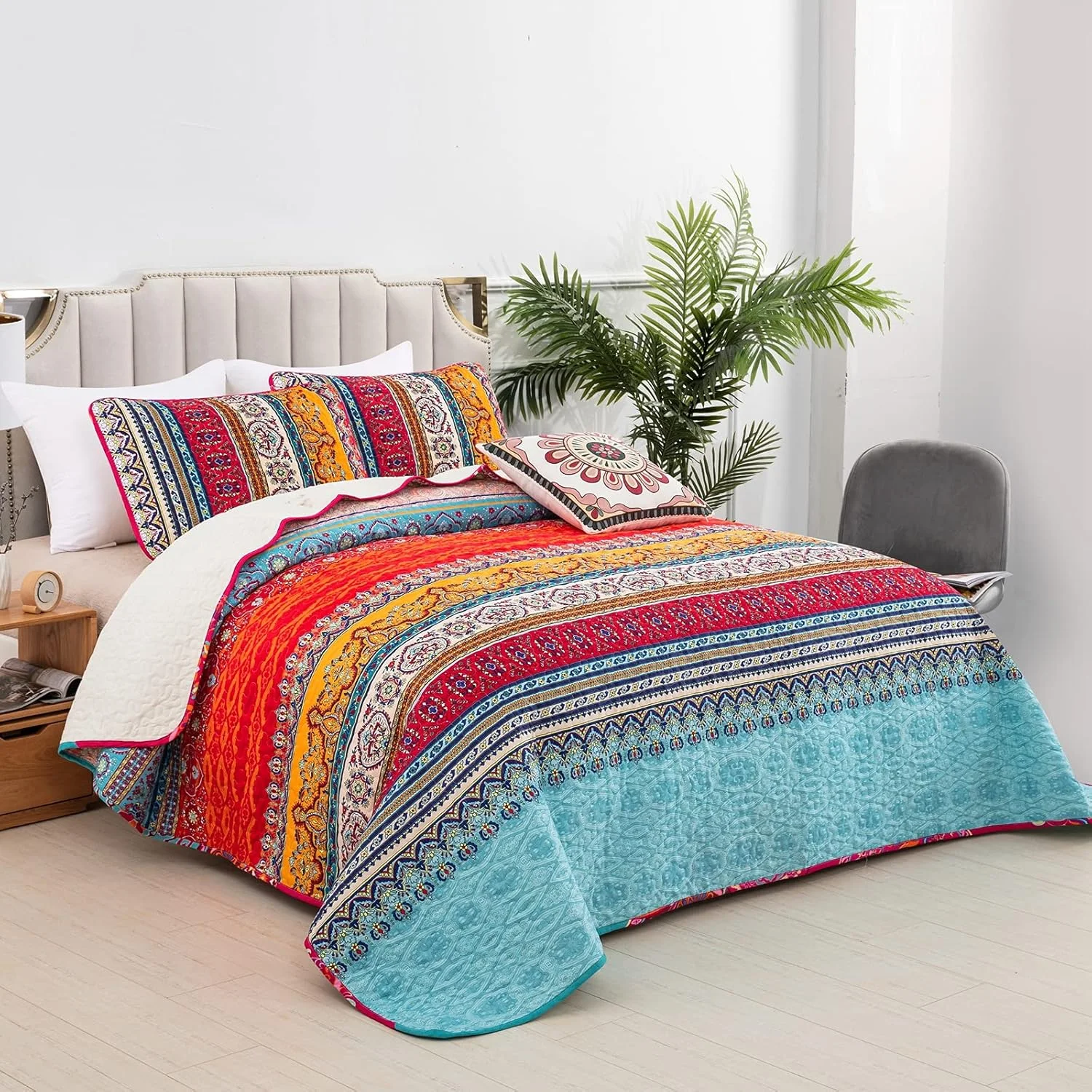 روتختی طرح بوهو کینگ WONGS BEDDING، طرح راه راه بوهو، لحاف چاپی، مناسب تمام فصول، لحاف میکروفایبر نرم سایز کینگ 240X260 سانتی متر