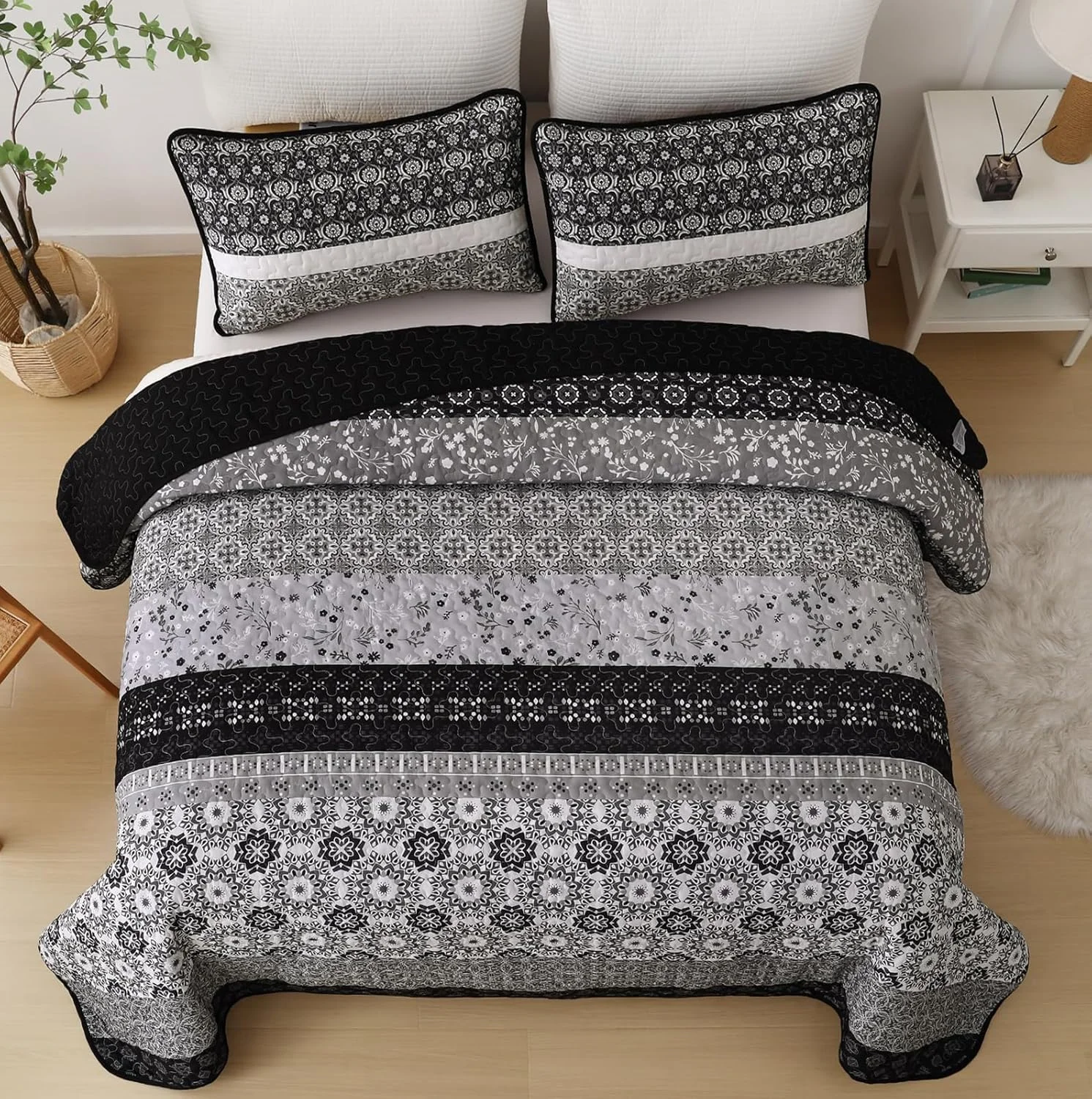 ست لحاف طرح بوهو WONGS BEDDING سایز کامل، ست روتختی تکه دوزی راه راه بوهمی مشکی، ست ملحفه میکروفایبر 3 تکه برای تمام فصول (78"x90") ست لحاف طرح بوهو WONGS BEDDING سایز کامل، ست روتختی تکه دوزی راه راه بوهمی مشکی، ست ملحفه میکروفایبر 3 تکه برای تمام فصول (78"x90")
