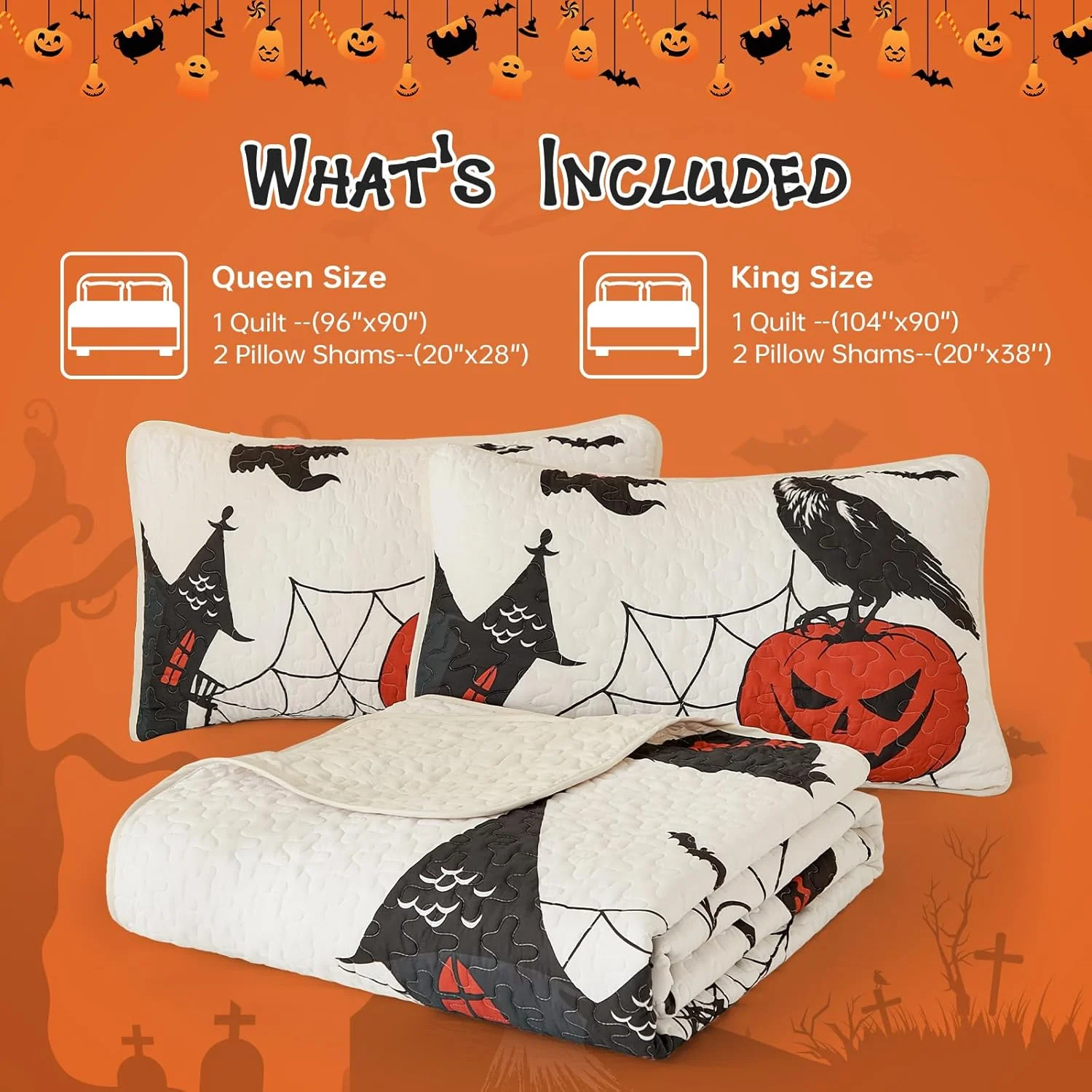 ست لحاف سه تکه هالووین WONGS BEDDING سایز کوئین، طرح روح سیاه، خفاش، کدو تنبل و عنکبوت، ست روتختی با تم تعطیلات، ست رو تختی تزئینی با 2 روبالشی (96"x 90") ست لحاف سه تکه هالووین WONGS BEDDING سایز کوئین، طرح روح سیاه، خفاش، کدو تنبل و عنکبوت، ست روتختی با تم تعطیلات، ست رو تختی تزئینی با 2 روبالشی (96"x 90")