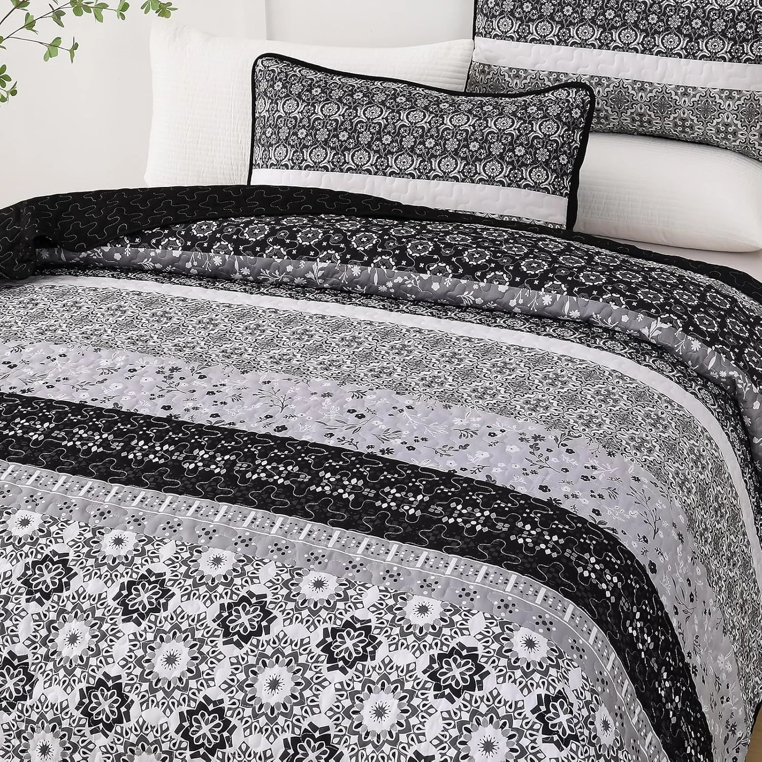ست لحاف طرح بوهو WONGS BEDDING سایز کامل، ست روتختی تکه دوزی راه راه بوهمی مشکی، ست ملحفه میکروفایبر 3 تکه برای تمام فصول (78"x90") ست لحاف طرح بوهو WONGS BEDDING سایز کامل، ست روتختی تکه دوزی راه راه بوهمی مشکی، ست ملحفه میکروفایبر 3 تکه برای تمام فصول (78"x90")
