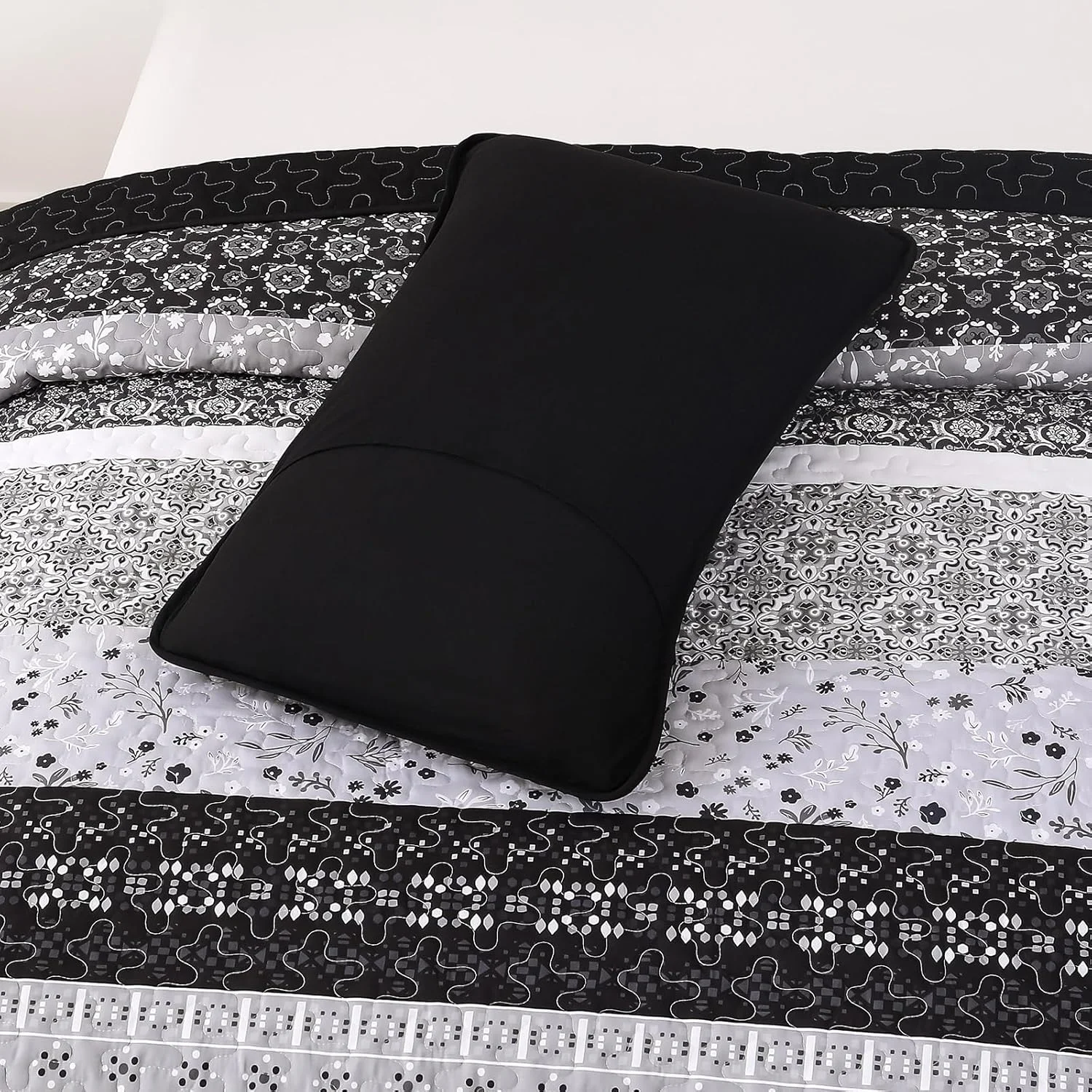 ست لحاف طرح بوهو WONGS BEDDING سایز کامل، ست روتختی تکه دوزی راه راه بوهمی مشکی، ست ملحفه میکروفایبر 3 تکه برای تمام فصول (78"x90") ست لحاف طرح بوهو WONGS BEDDING سایز کامل، ست روتختی تکه دوزی راه راه بوهمی مشکی، ست ملحفه میکروفایبر 3 تکه برای تمام فصول (78"x90")