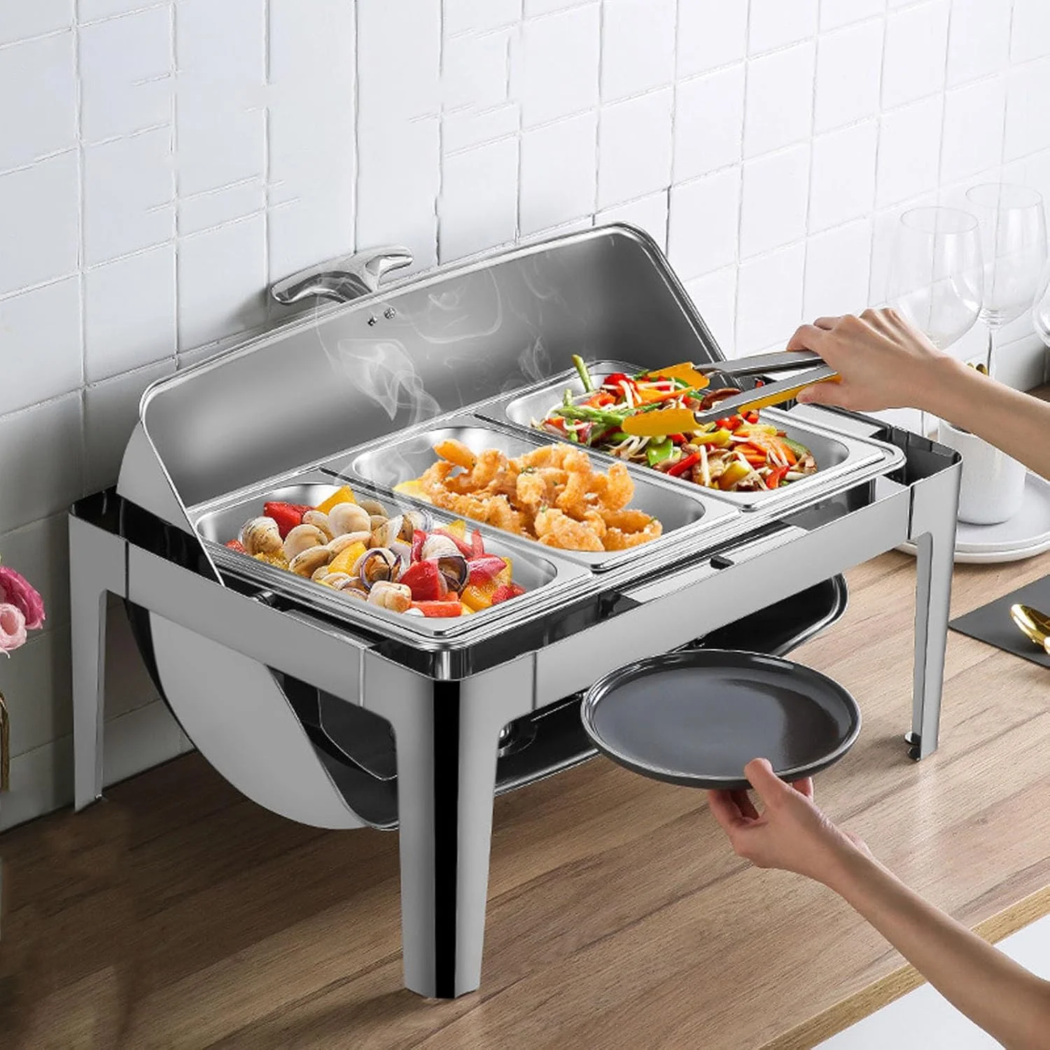 ظرف گرم نگهدارنده غذا بوفه استیل BusoTh با ظرفیت 9 لیتر، گرمکن غذا پذیرایی بوفه با درب شیشه ای شفاف، گرمکن الکلی غذا برای هتل ها، رستوران ها، بوفه (استیل ضد زنگ)