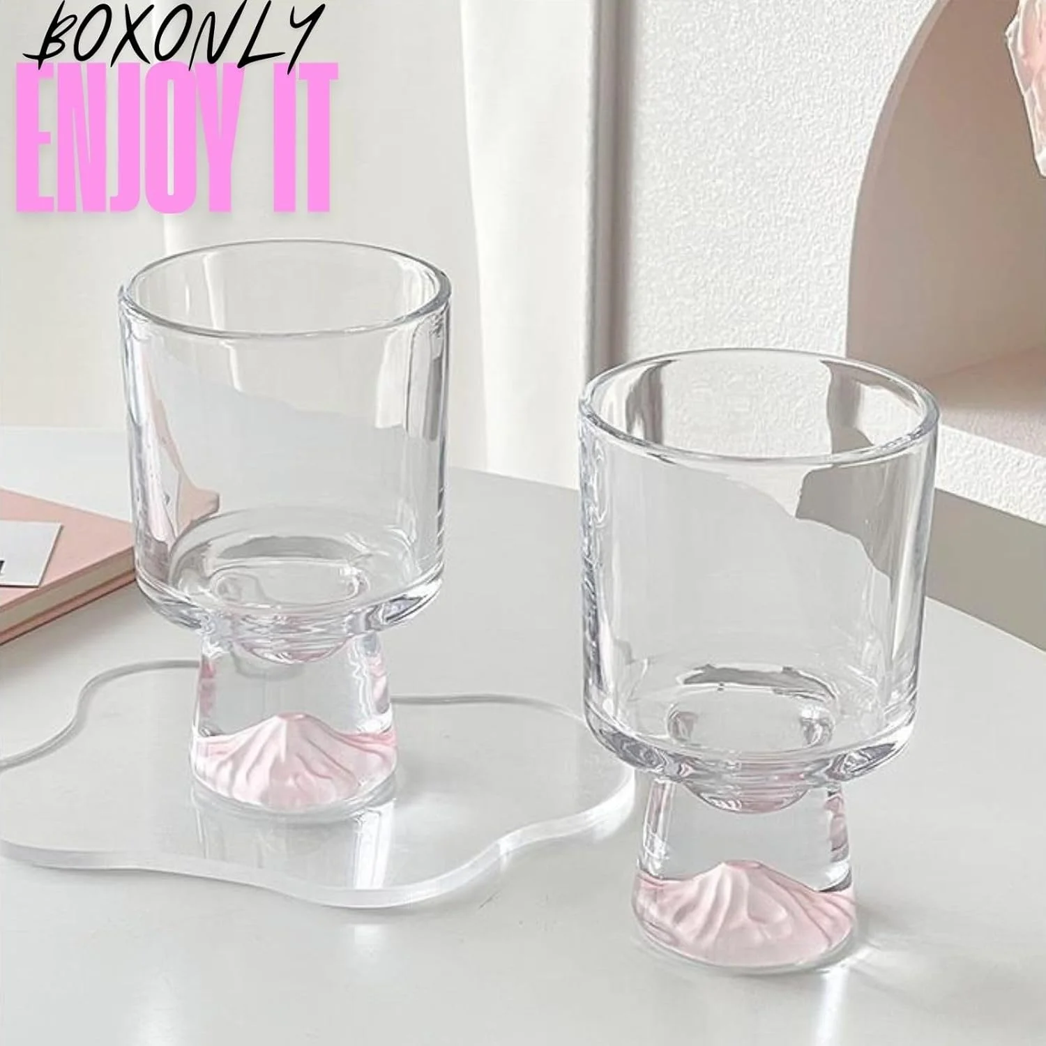 کاسه دسر شیشه ای دست ساز باکس اونلی - لیوان های پارفه الهام گرفته از کوه صورتی، ظرفیت 201-300 میلی لیتر، طراحی پایه دار شیک برای دسرها و نوشیدنی ها (ست 2 عددی)