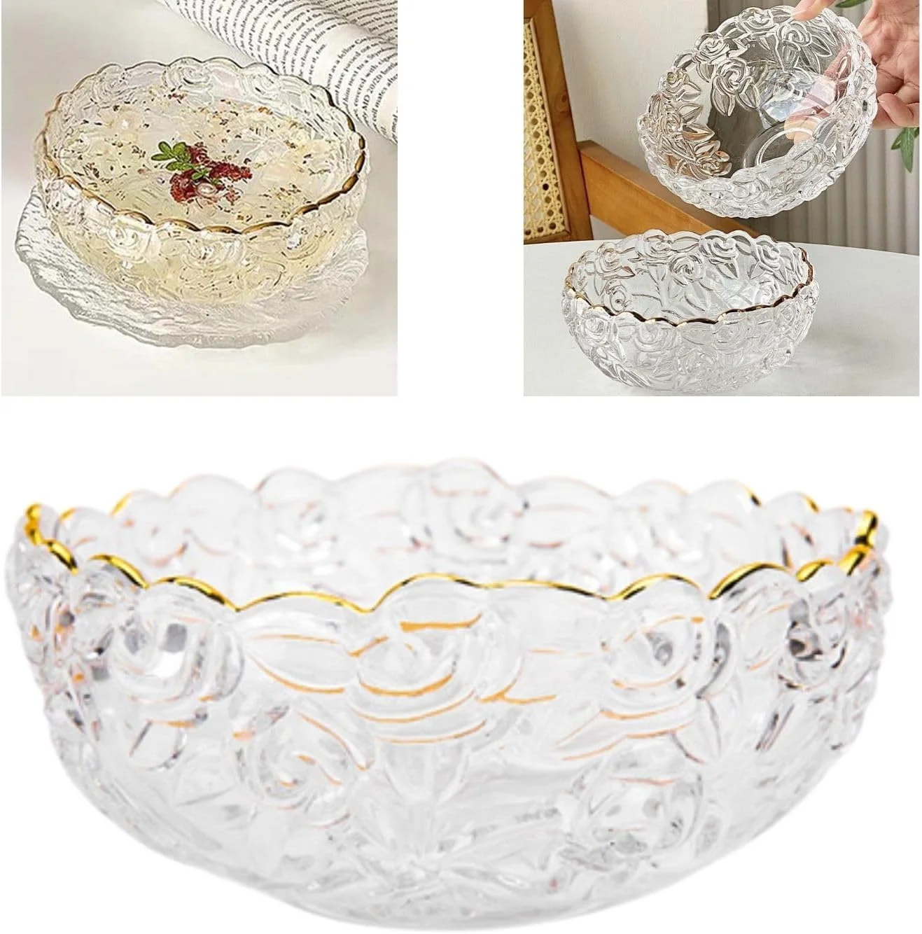 ست کاسه و بشقاب دسر شیشه ای طرح رز Boxonly – لبه طلایی، کاسه شیک ۱۳cmx۵.۵cm با بشقاب بافت دار یخی ۱۴cmx۱.۵cm – ایده آل برای دسر ست کاسه و بشقاب دسر شیشه ای طرح رز Boxonly – لبه طلایی، کاسه شیک ۱۳cmx۵.۵cm با بشقاب بافت دار یخی ۱۴cmx۱.۵cm – ایده آل برای دسر