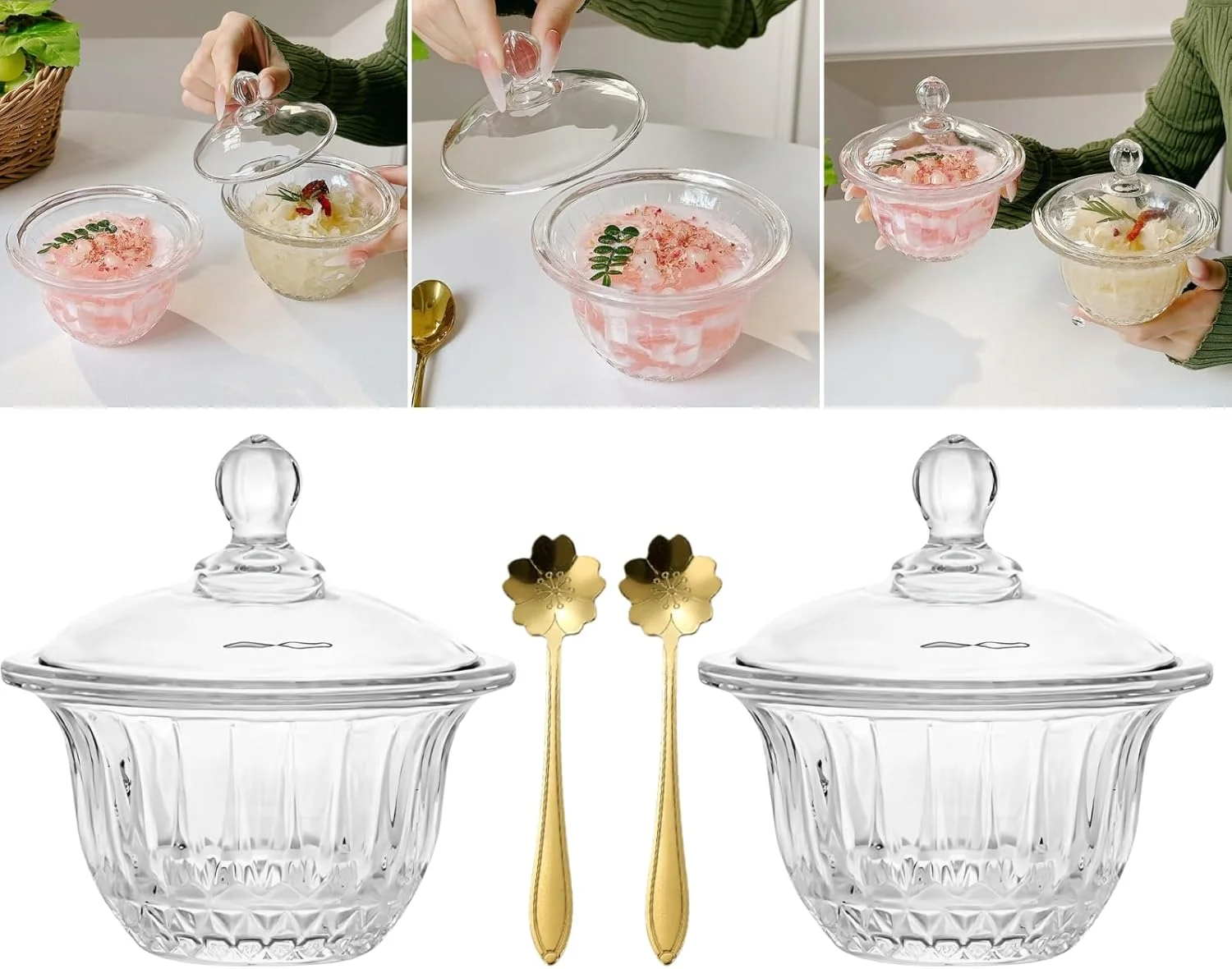 ست کاسه دسر شیشه ای Boxonly با درب، 210 میلی لیتر، کاسه های شیشه ای شفاف دست ساز برای بستنی، پودینگ، تنقلات، شامل 2 کاسه و 2 قاشق شکوفه گیلاس، طراحی مدرن و مینیمالیستی برای استفاده در منزل ست کاسه دسر شیشه ای Boxonly با درب، 210 میلی لیتر، کاسه های شیشه ای شفاف دست ساز برای بستنی، پودینگ، تنقلات، شامل 2 کاسه و 2 قاشق شکوفه گیلاس، طراحی مدرن و مینیمالیستی برای استفاده در منزل