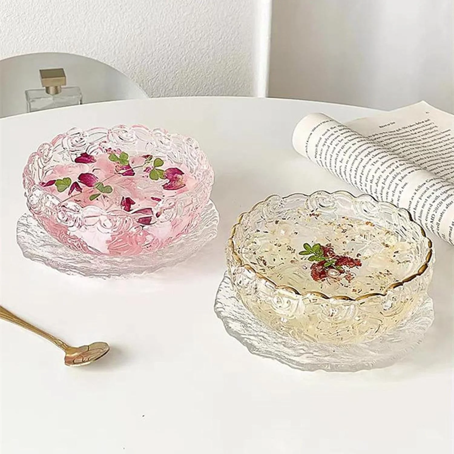 ست کاسه و بشقاب دسر شیشه ای طرح رز Boxonly – لبه طلایی، کاسه شیک ۱۳cmx۵.۵cm با بشقاب بافت دار یخی ۱۴cmx۱.۵cm – ایده آل برای دسر