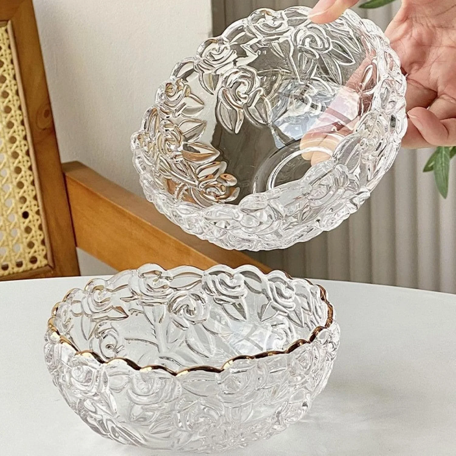 ست کاسه و بشقاب دسر شیشه ای طرح رز Boxonly – لبه طلایی، کاسه شیک ۱۳cmx۵.۵cm با بشقاب بافت دار یخی ۱۴cmx۱.۵cm – ایده آل برای دسر