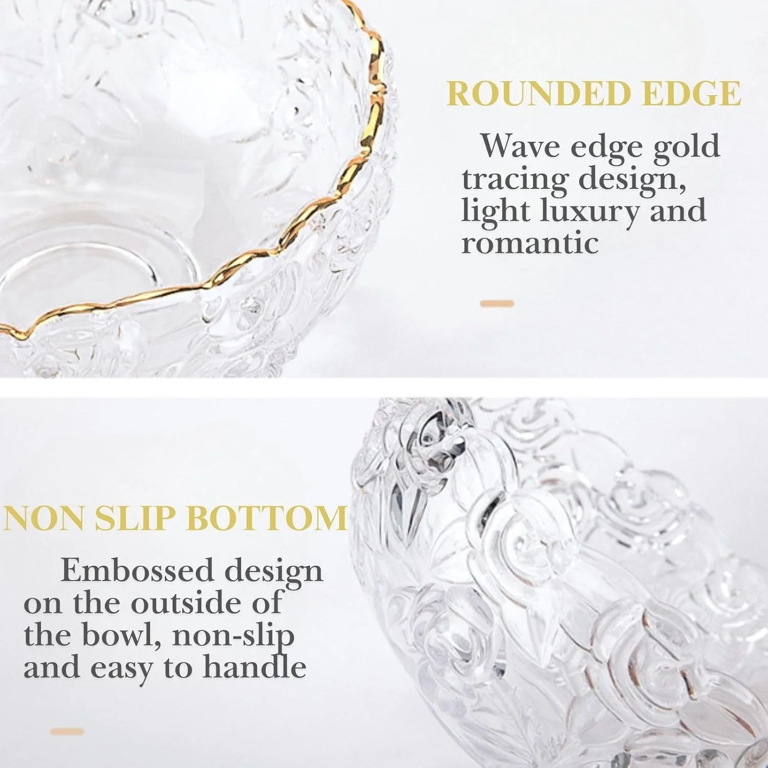 ست کاسه و بشقاب دسر شیشه ای طرح رز Boxonly – لبه طلایی، کاسه شیک ۱۳cmx۵.۵cm با بشقاب بافت دار یخی ۱۴cmx۱.۵cm – ایده آل برای دسر