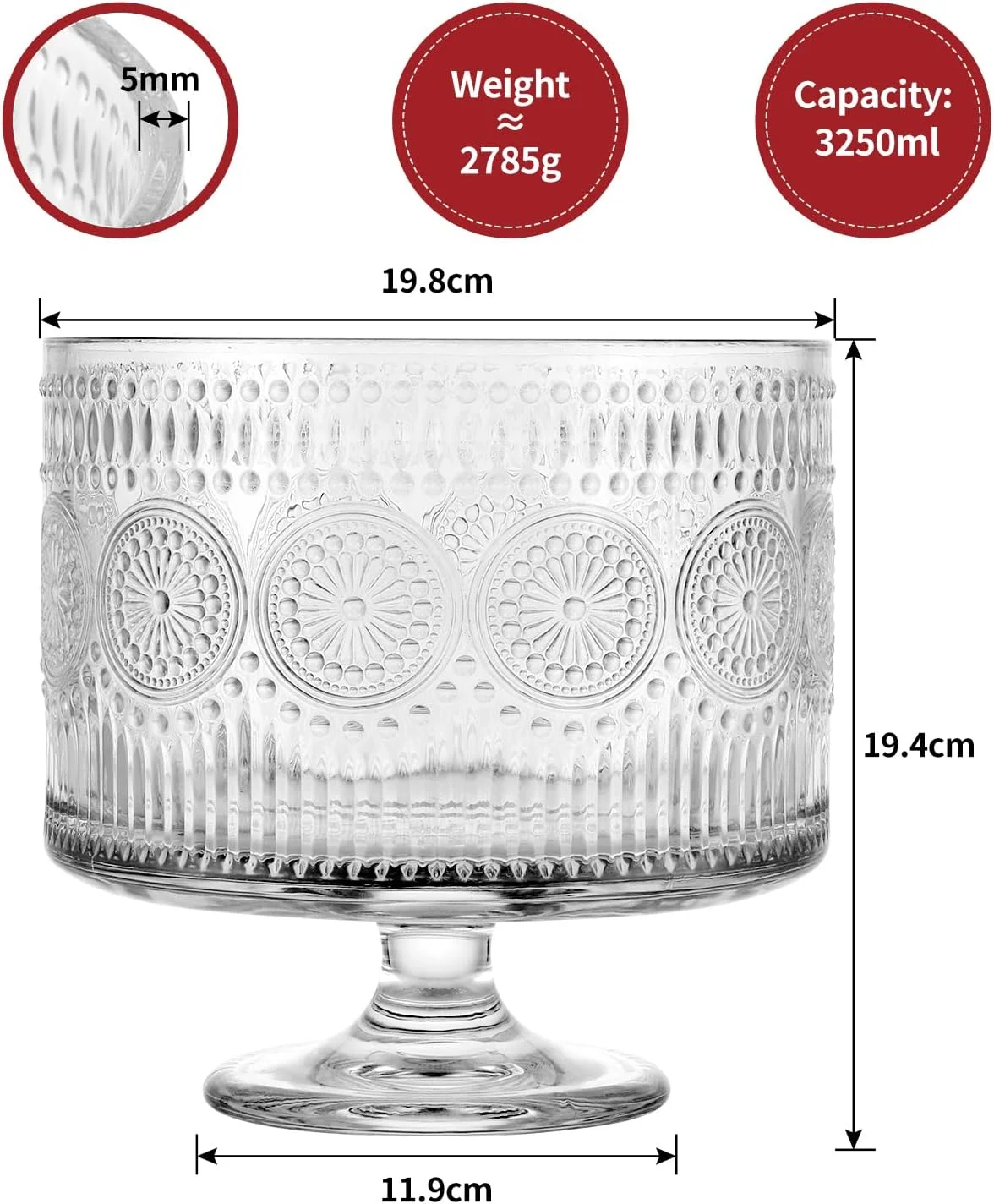 BIMUYI Glass Trifle Bowl with Pedestal, 3250ml Vintage Serving Centerpiece Bowl, Footed Dessert Dish for Layered Cakes, Fruits, Salad BIMUYI Glass Trifle Bowl with Pedestal, 3250ml Vintage Serving Centerpiece Bowl, Footed Dessert Dish for Layered Cakes, Fruits, Salad