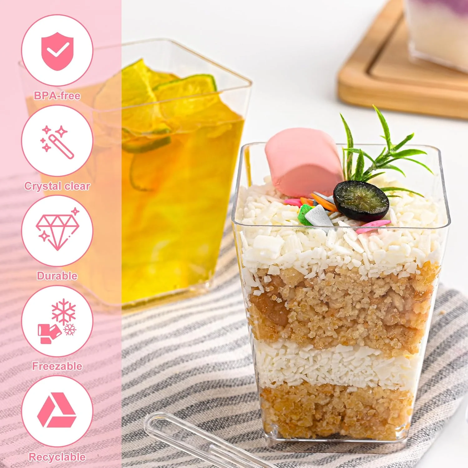 آئورینوولیا بسته 40 تایی فنجان دسر به همراه 40 قاشق، کاسه های دسر پلاستیکی قابل استفاده مجدد، 160 میلی لیتر، فنجان دسر شفاف، فنجان دسر ذوزنقه ای، برای مهمانی، پیک نیک، موس، پودینگ، بستنی