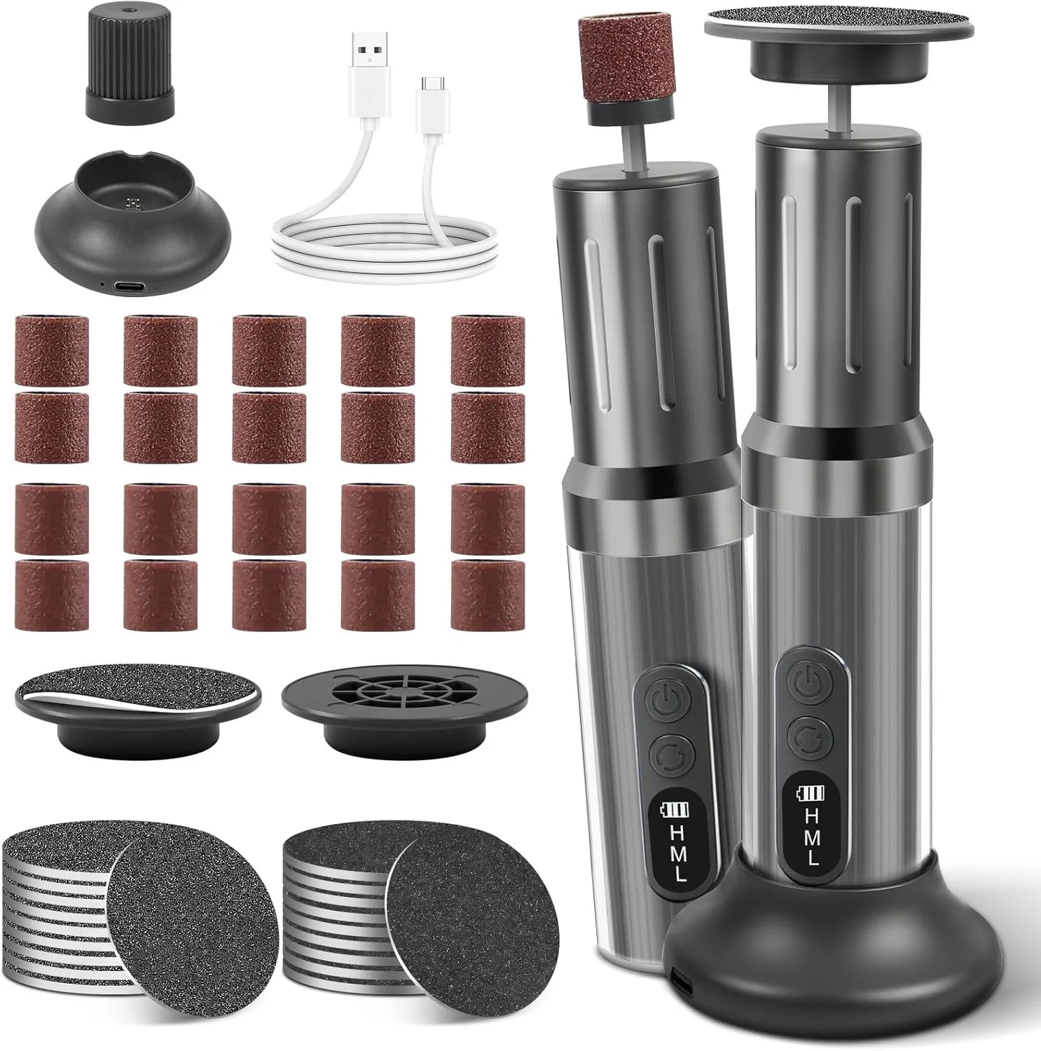 سوهان برقی پا AOOWU، از بین برنده پوست سفت، سوهان برقی 2 در 1 برای پا، از بین برنده پینه پا با پایه شارژ، ابزار پدیکور سمباده برقی پا با 40 عدد دیسک سمباده و حلقه