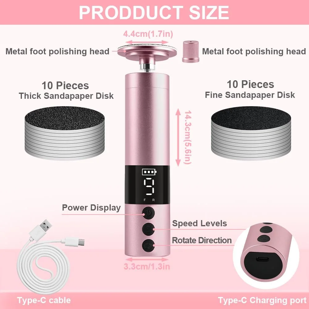 سوهان برقی پا AOOWU، از بین برنده پوست سفت، از بین برنده پینه برقی پا (سرعت قابل تنظیم) با 30 عدد دیسک سمباده و حلقه، ابزار مراقبت از پا برای پوست مرده