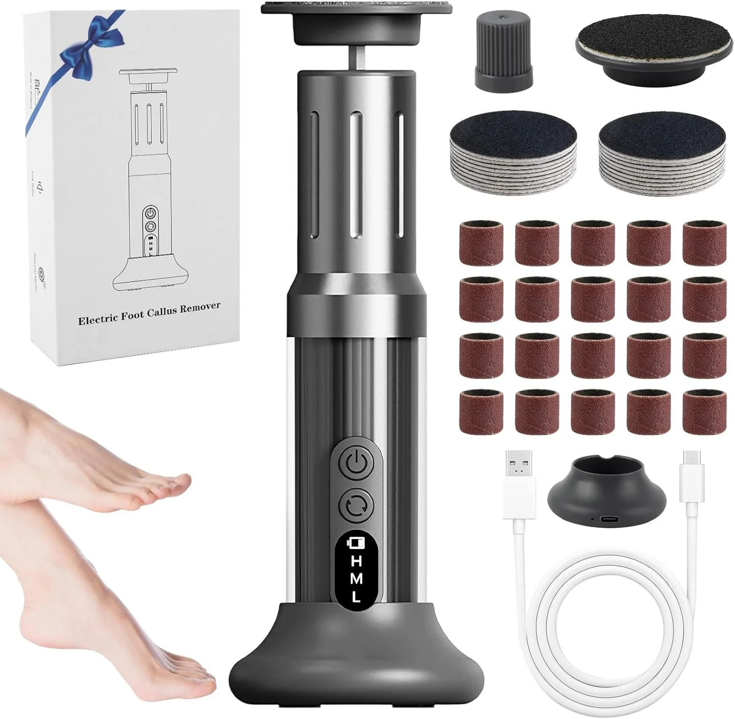 سوهان برقی پدیکور پا ANGNYA با 3 سرعت قابل تنظیم، پایه شارژ و دیسک های سنباده ای جایگزین، ابزار پدیکور برقی از بین برنده پوست مرده پا (خاکستری)