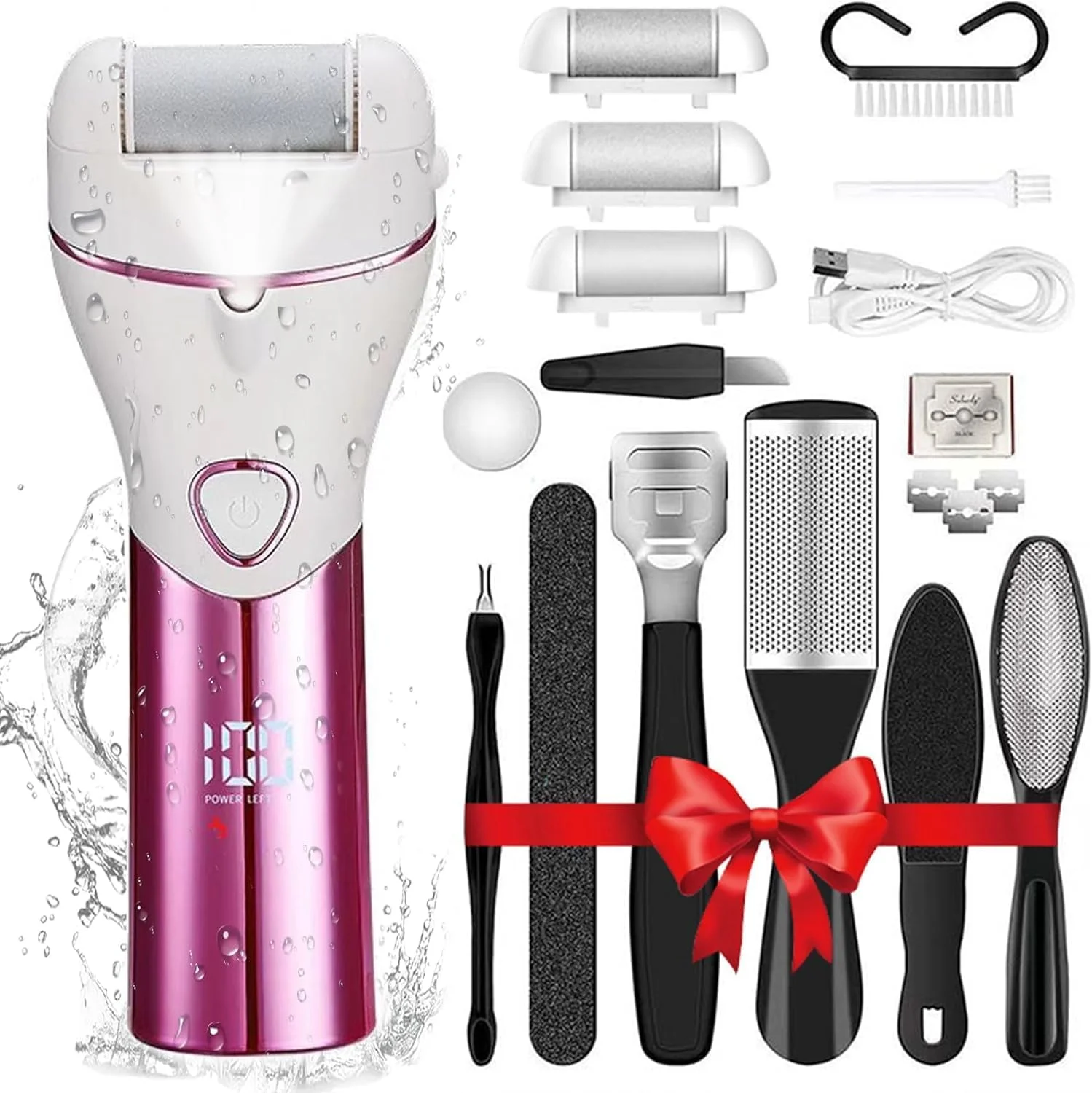 سوهان برقی پا AoMige، ست ابزار پدیکور الکترونیکی قابل حمل همه کاره با مکنده پوست مرده، برس پای شارژی با سرهای تعویضی و ابزار پدیکور، نمایشگر LCD