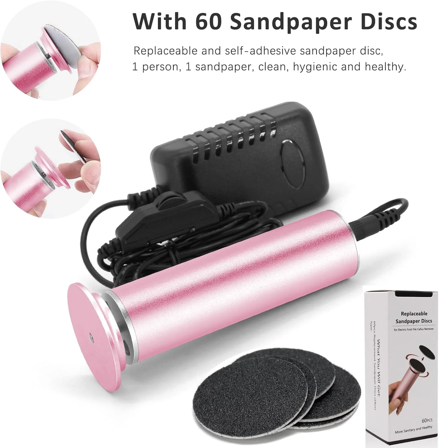 سوهان برقی پا AONOLOVO، از بین برنده پوست سفت (با قابلیت تنظیم سرعت) به همراه 60 عدد دیسک سمباده ای جایگزین، اسکرابر حرفه ای برقی پدیکور پا، از بین برنده پوست سفت (صورتی)