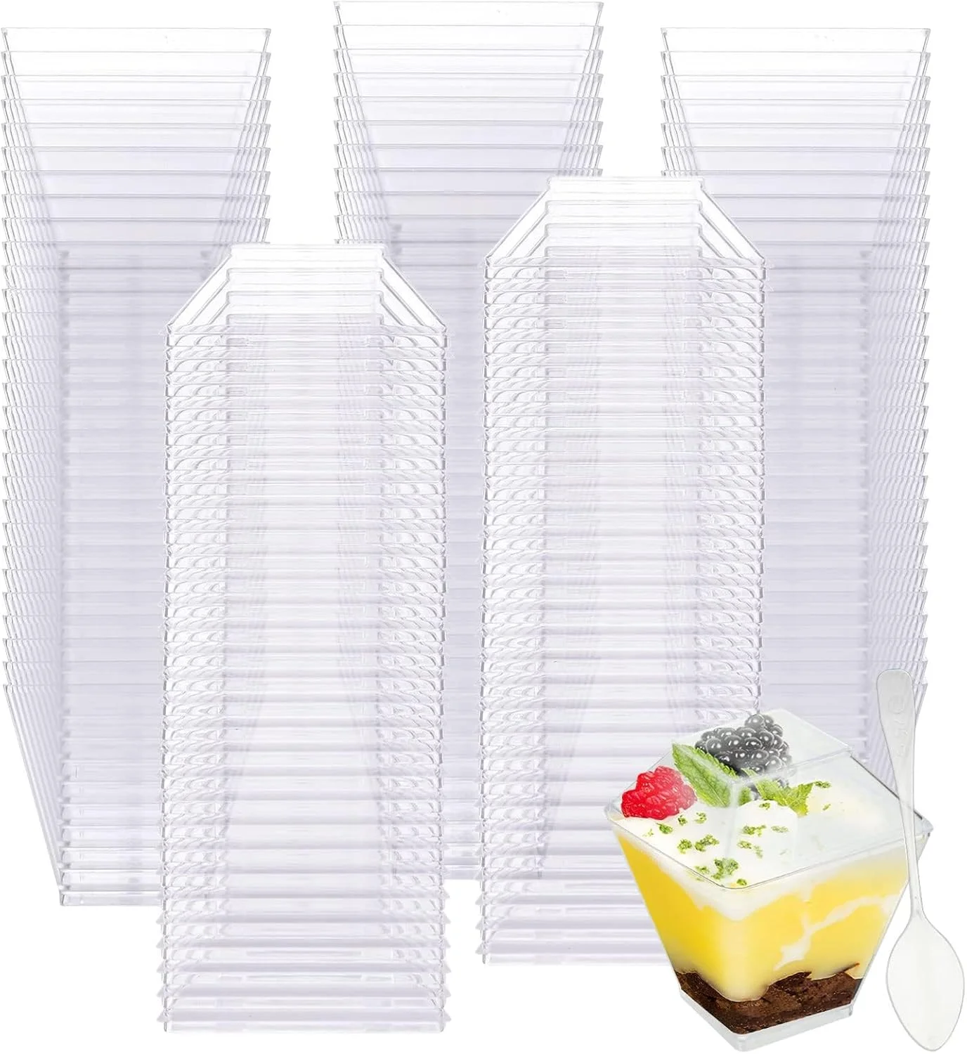 ست 100 عددی مینی فنجان دسر ASelected با درب، کاسه دسر پلاستیکی 60 میلی لیتری با درب و قاشق، ست لیوان سرو دسر قابل استفاده مجدد برای عروسی، تولد، مهمانی