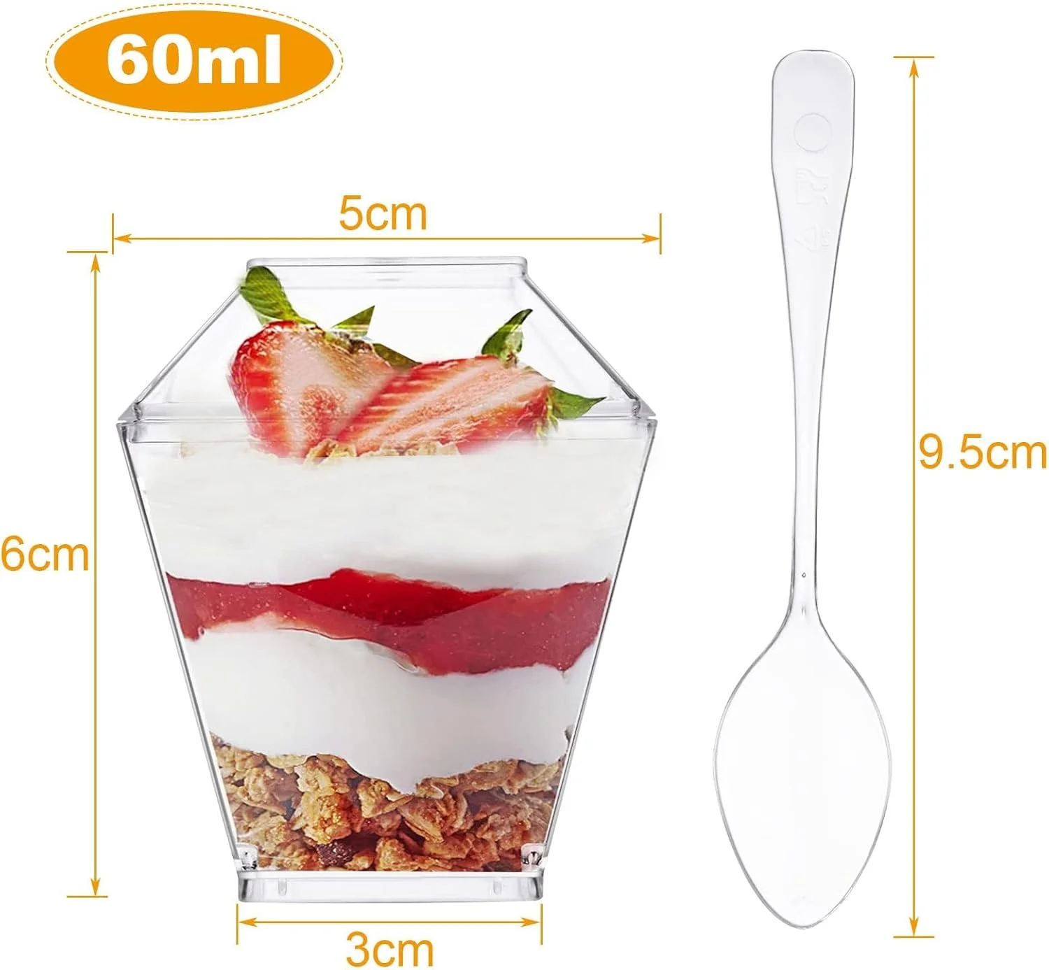 ست 100 عددی مینی فنجان دسر ASelected با درب، کاسه دسر پلاستیکی 60 میلی لیتری با درب و قاشق، ست لیوان سرو دسر قابل استفاده مجدد برای عروسی، تولد، مهمانی