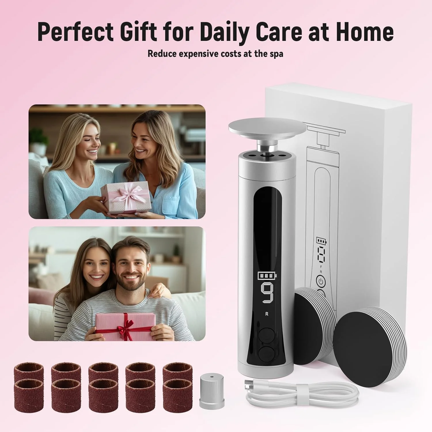 سوهان برقی پینه پا APTMAPT با نمایشگر LED، سوهان برقی 2 در 1 پا و پولیش ناخن قابل شارژ با 9 سرعت قابل تنظیم برای پوست خشک و مرده پا (نقره ای)