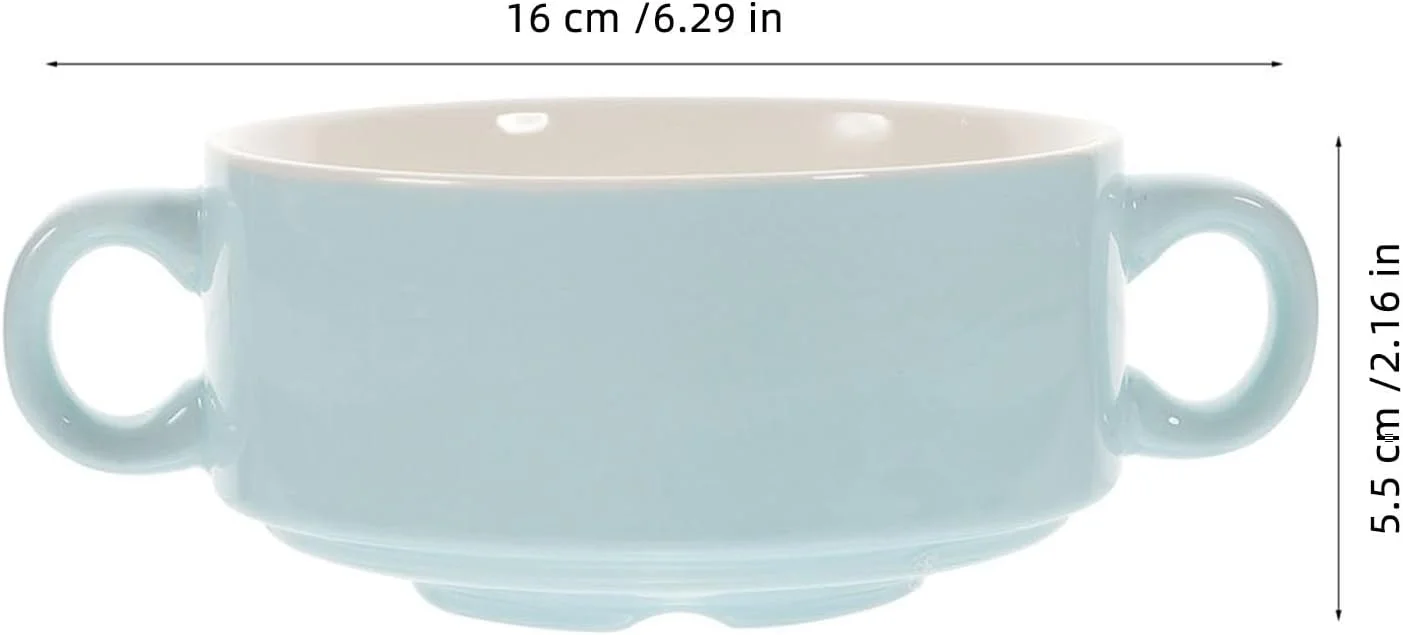 کاسه دسر آنگولی، کاسه های کوچک سرامیکی، کاسه سوپ دسته دار، کاسه سرو سفالی، ظرف دو دسته برای سوپ، غلات، بستنی و خورشت، ظروف سرامیکی آبی آسمانی، کاسه های سوپ پیاز فرانسوی