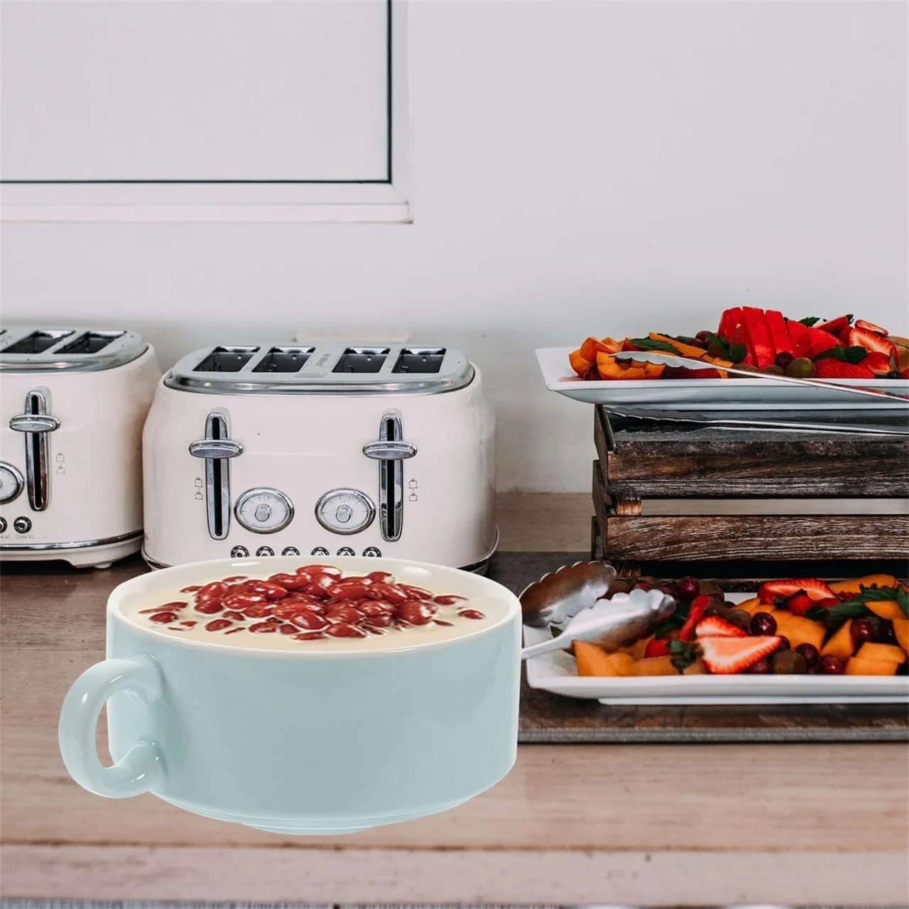 کاسه دسر آنگولی، کاسه های کوچک سرامیکی، کاسه سوپ دسته دار، کاسه سرو سفالی، ظرف دو دسته برای سوپ، غلات، بستنی و خورشت، ظروف سرامیکی آبی آسمانی، کاسه های سوپ پیاز فرانسوی