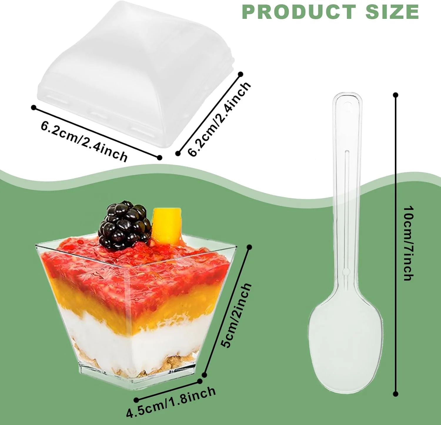 بسته 100 عددی لیوان دسر پلاستیکی APACALI، کاسه های دسر مربعی 115 میلی لیتری با درب و 100 قاشق سوپ، ایده آل برای دسرهای DIY، پودینگ، موس، بستنی