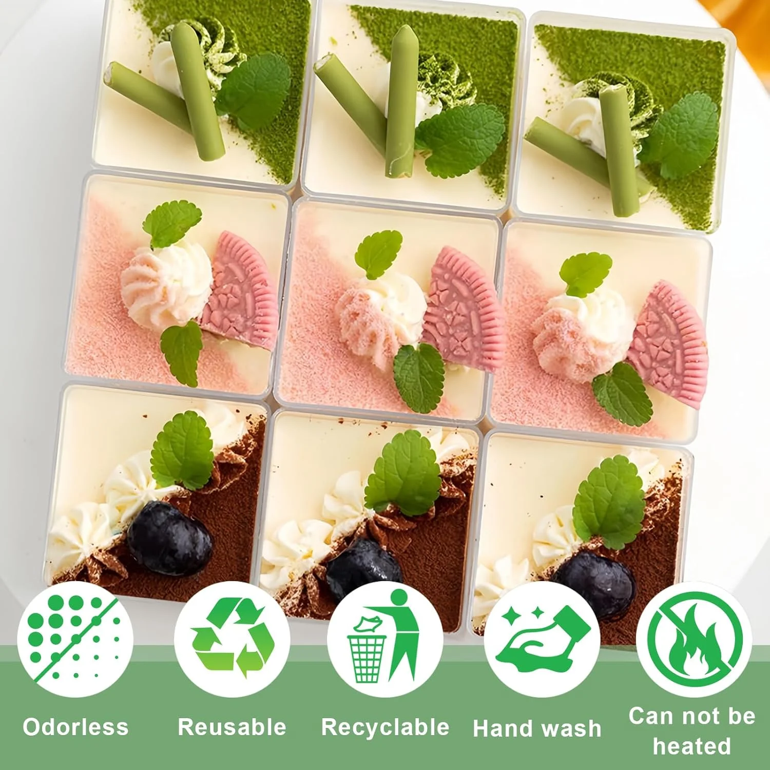 بسته 100 عددی لیوان دسر پلاستیکی APACALI، کاسه های دسر مربعی 115 میلی لیتری با درب و 100 قاشق سوپ، ایده آل برای دسرهای DIY، پودینگ، موس، بستنی