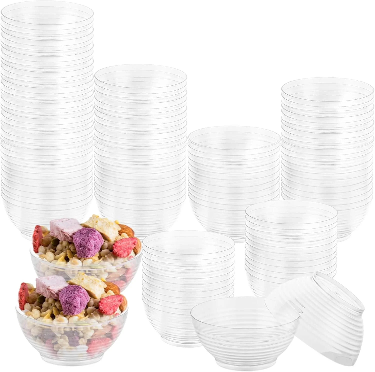 AKOLAFE 150PCS Dessert Bowls Plastic 90ml Small Dessert Bowls Reusable Mini Dessert Cups for Desserts, Dips, Sauces, Ice Cream, Trifles, Clear
