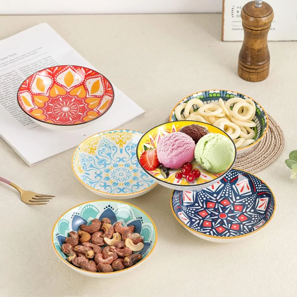 AHX Ceramic Dessert Bowls - Set of 6 Serving Bowls Flat - Snack Bowls Ice Bowl Colourful - Dessert | Finger Food | Tapas Bowls - 14 cm AHX Ceramic Dessert Bowls - Set of 6 Serving Bowls Flat - Snack Bowls Ice Bowl Colourful - Dessert | Finger Food | Tapas Bowls - 14 cm
