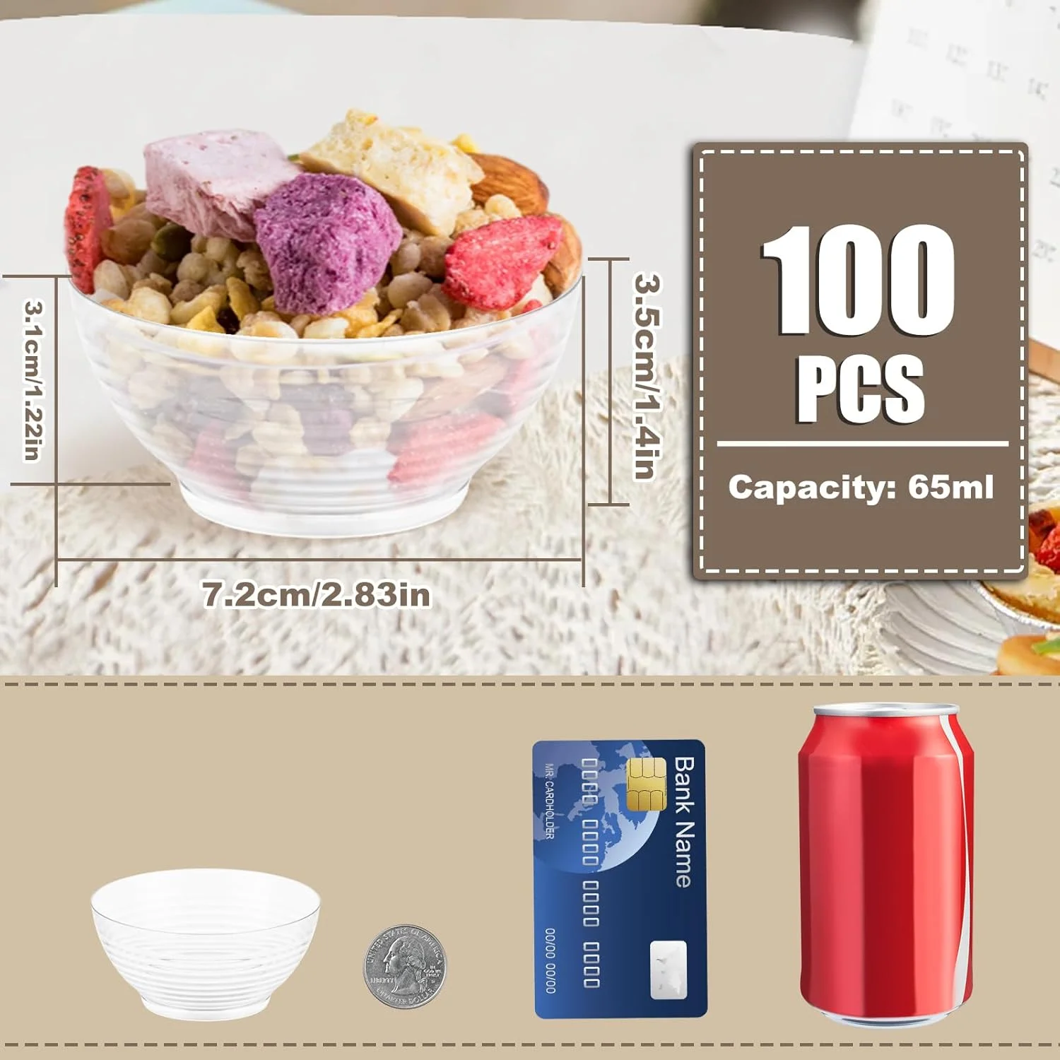 AKOLAFE 150PCS Dessert Bowls Plastic 90ml Small Dessert Bowls Reusable Mini Dessert Cups for Desserts, Dips, Sauces, Ice Cream, Trifles, Clear