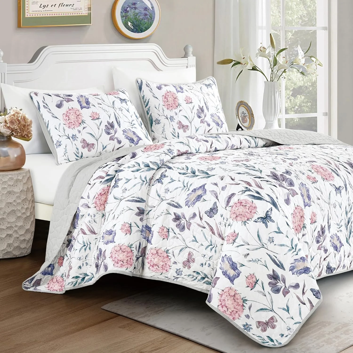 ست روتختی 3 تکه لوکس طرح گل و پروانه WPM WORLD PRODUCTS MART، گل های بنفش و صورتی، لحاف میکروفایبر سبک وزن با روبالشتی، سایز کوئین/کینگ (کوئین)
