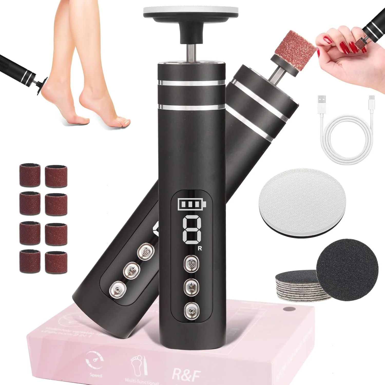 سوهان برقی پدیکور و از بین برنده پینه پا ADVEZO، دو جهته قابل شارژ با سرعت قابل تنظیم، ابزار حرفه ای پدیکور برای پوست مرده و پاشنه های ترک خورده، سوهان ناخن قابل حمل 2 در 1 (مشکی)