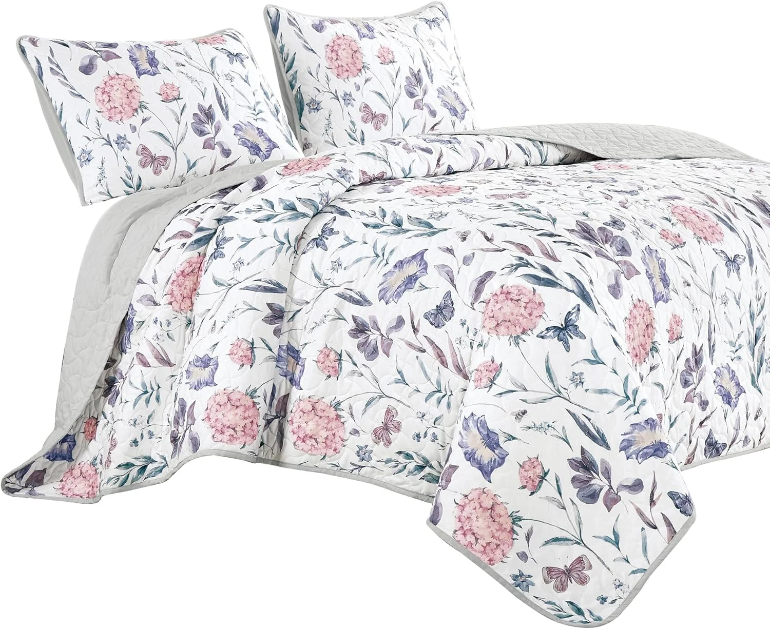 ست روتختی 3 تکه لوکس طرح گل و پروانه WPM WORLD PRODUCTS MART، گل های بنفش و صورتی، لحاف میکروفایبر سبک وزن با روبالشتی، سایز کوئین/کینگ (کوئین)