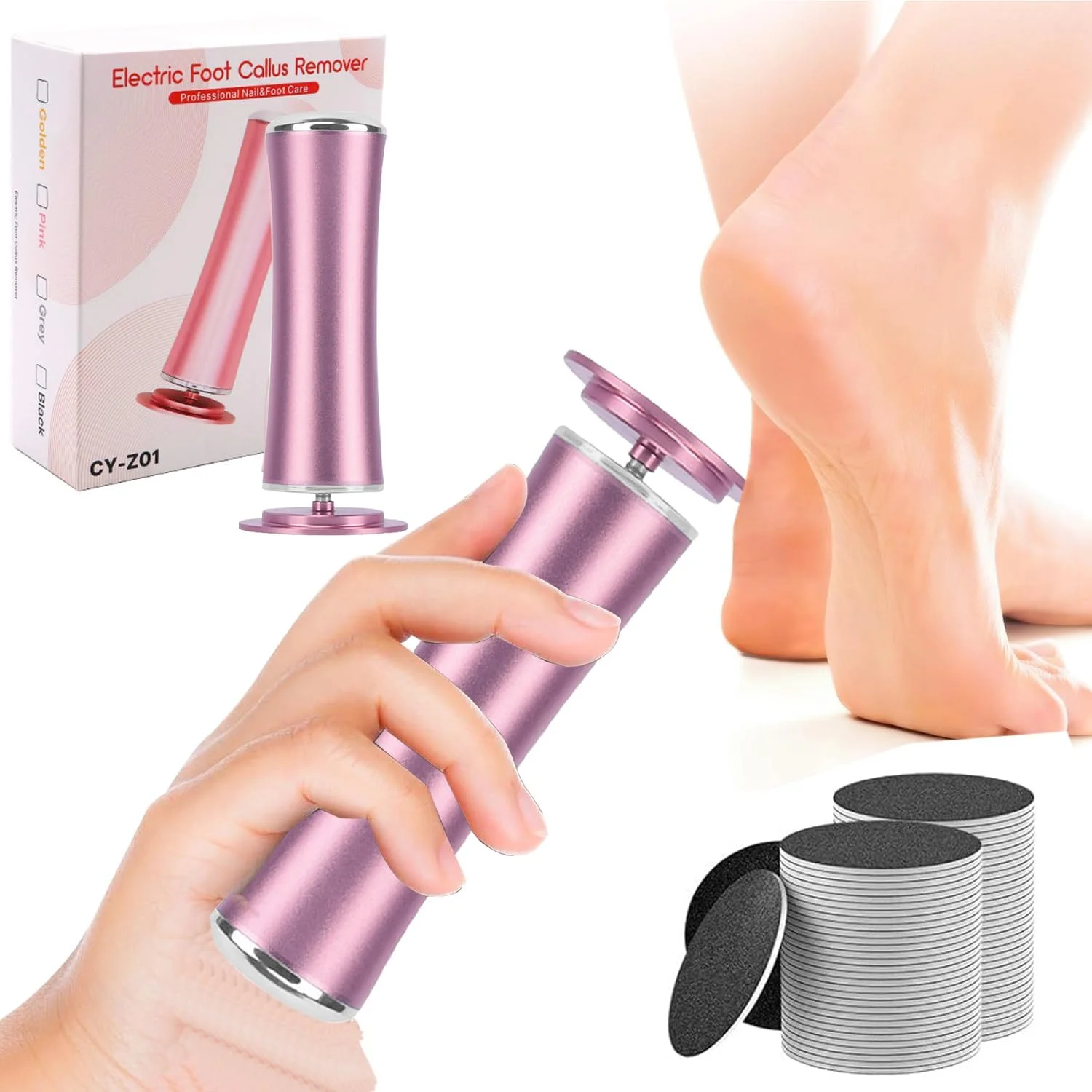 سوهان برقی پدیکور پا 500 دور در دقیقه: ابزار حرفه ای پدیکور برای از بین بردن پینه - دستگاه سنگ پا برقی برای پوست و پینه با 60 عدد دیسک سمباده