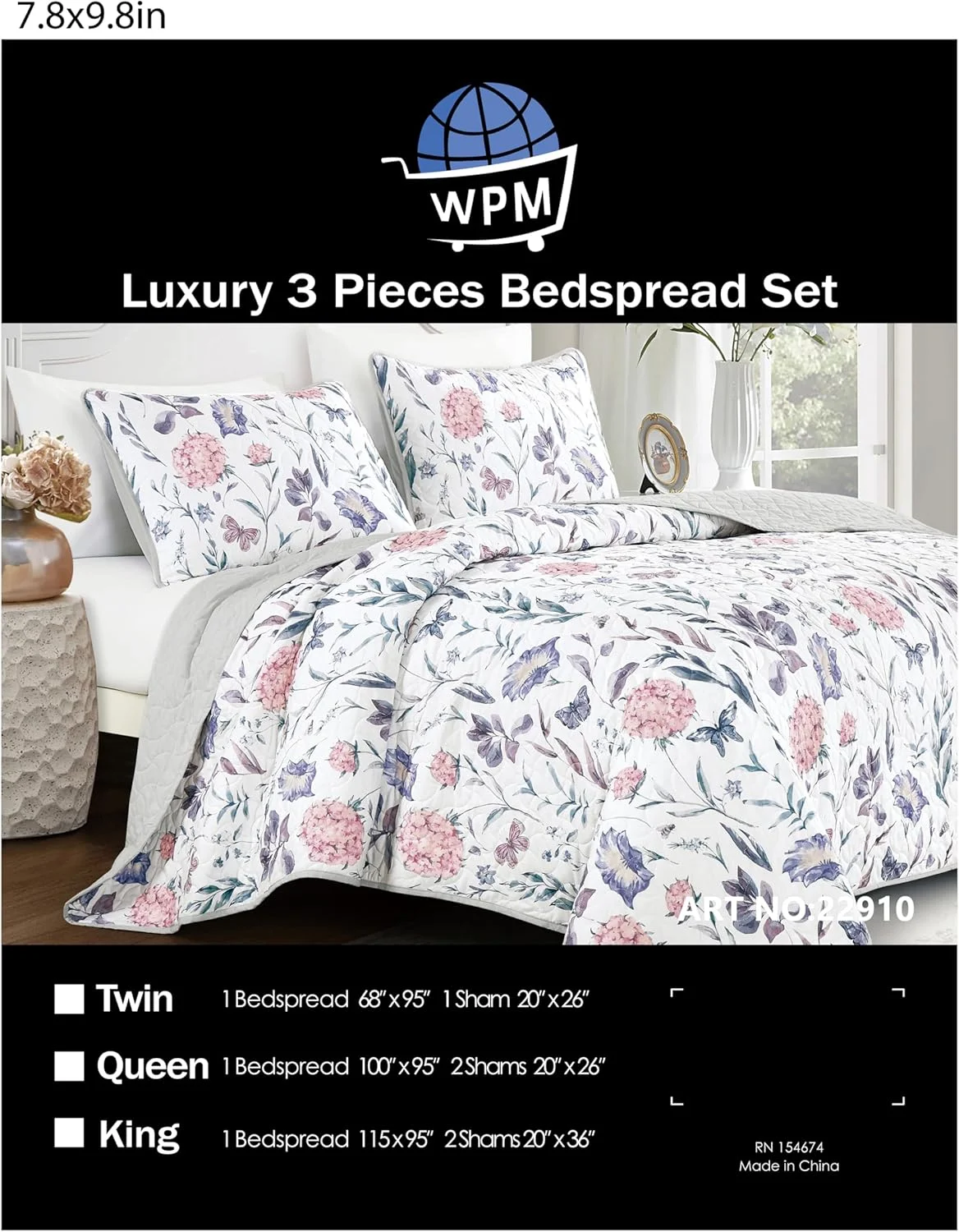 ست روتختی 3 تکه لوکس طرح گل و پروانه WPM WORLD PRODUCTS MART، گل های بنفش و صورتی، لحاف میکروفایبر سبک وزن با روبالشتی، سایز کوئین/کینگ (کوئین)