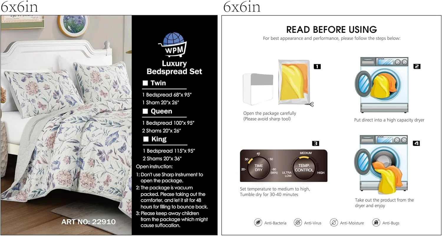 ست روتختی 3 تکه لوکس طرح گل و پروانه WPM WORLD PRODUCTS MART، گل های بنفش و صورتی، لحاف میکروفایبر سبک وزن با روبالشتی، سایز کوئین/کینگ (کوئین)