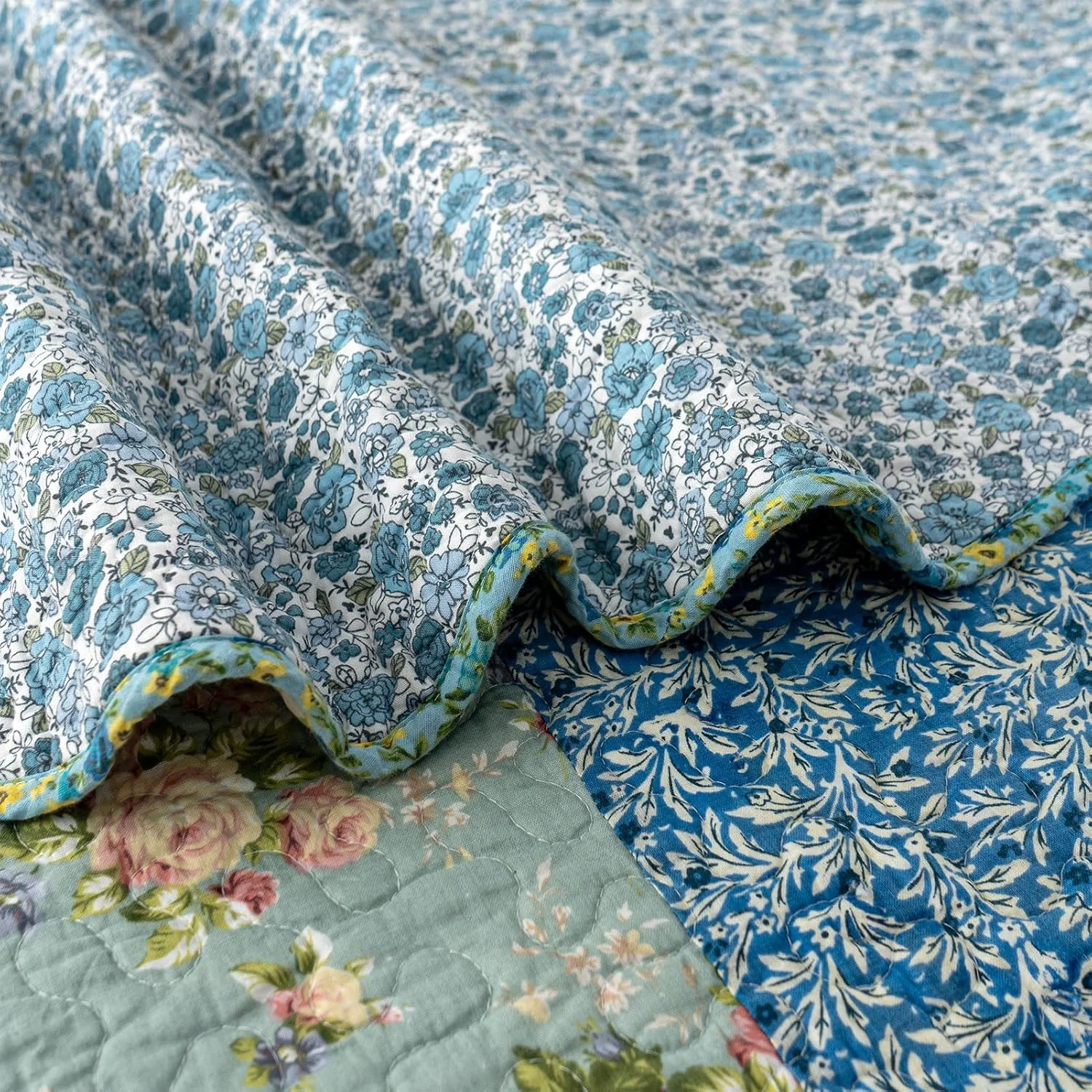 روتختی بزرگ کینگ YAYIDAY طرح تکه دوزی (305x300 سانتی متر) - رو تختی پنبه ای 100% دو رو، تنفس پذیر با طرح گلدار به همراه روبالشتی مناسب تمام فصول